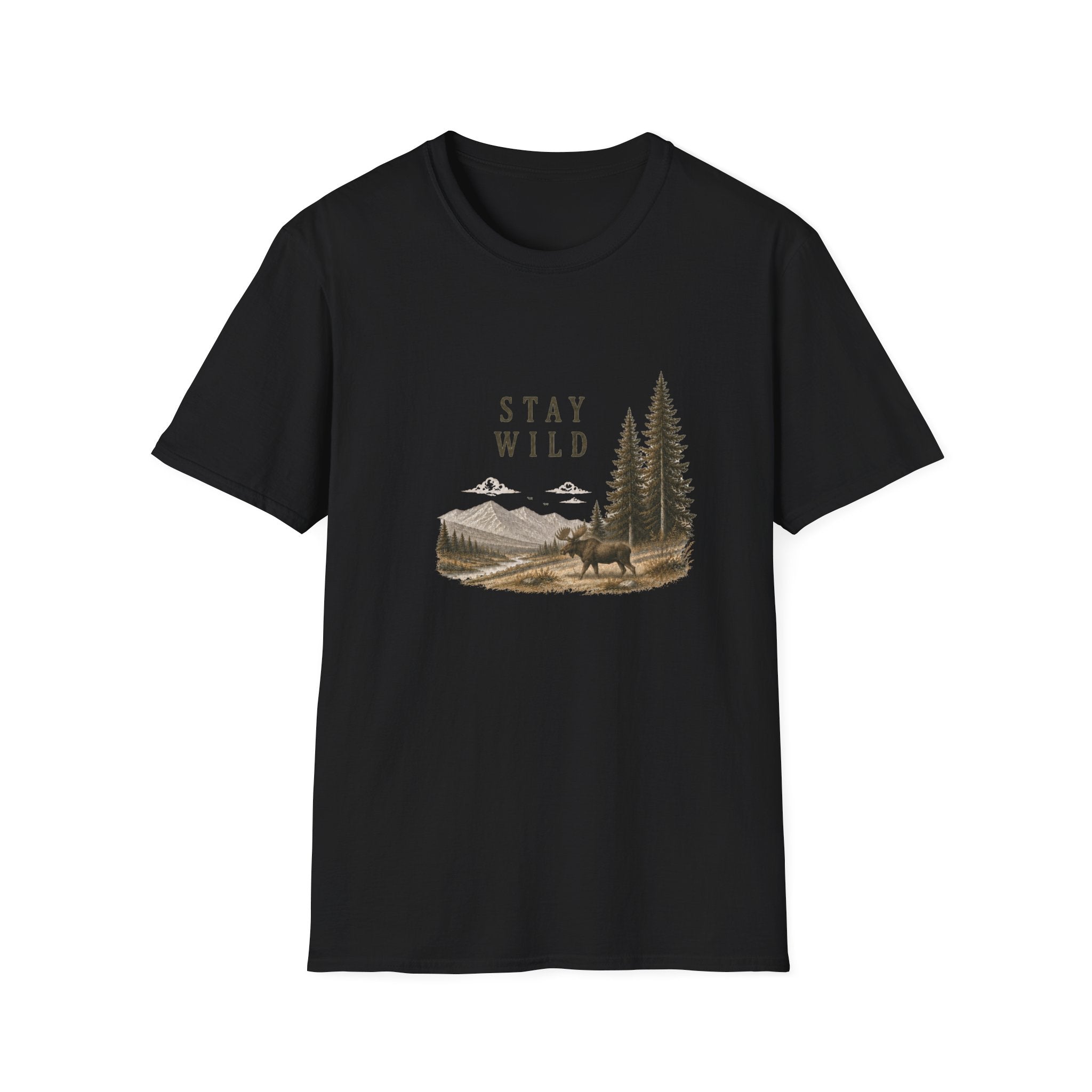 Stay Wild Moose T-Shirt — Mountain, Pine Trees Nature Graphic Tee
