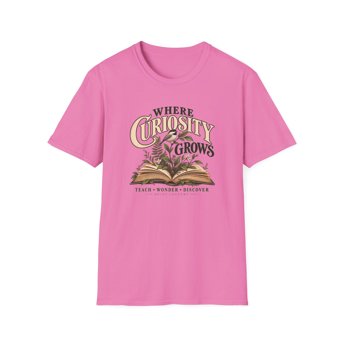 Where Curiosity Grows Teacher T-Shirt — Vintage Botanical Book Design