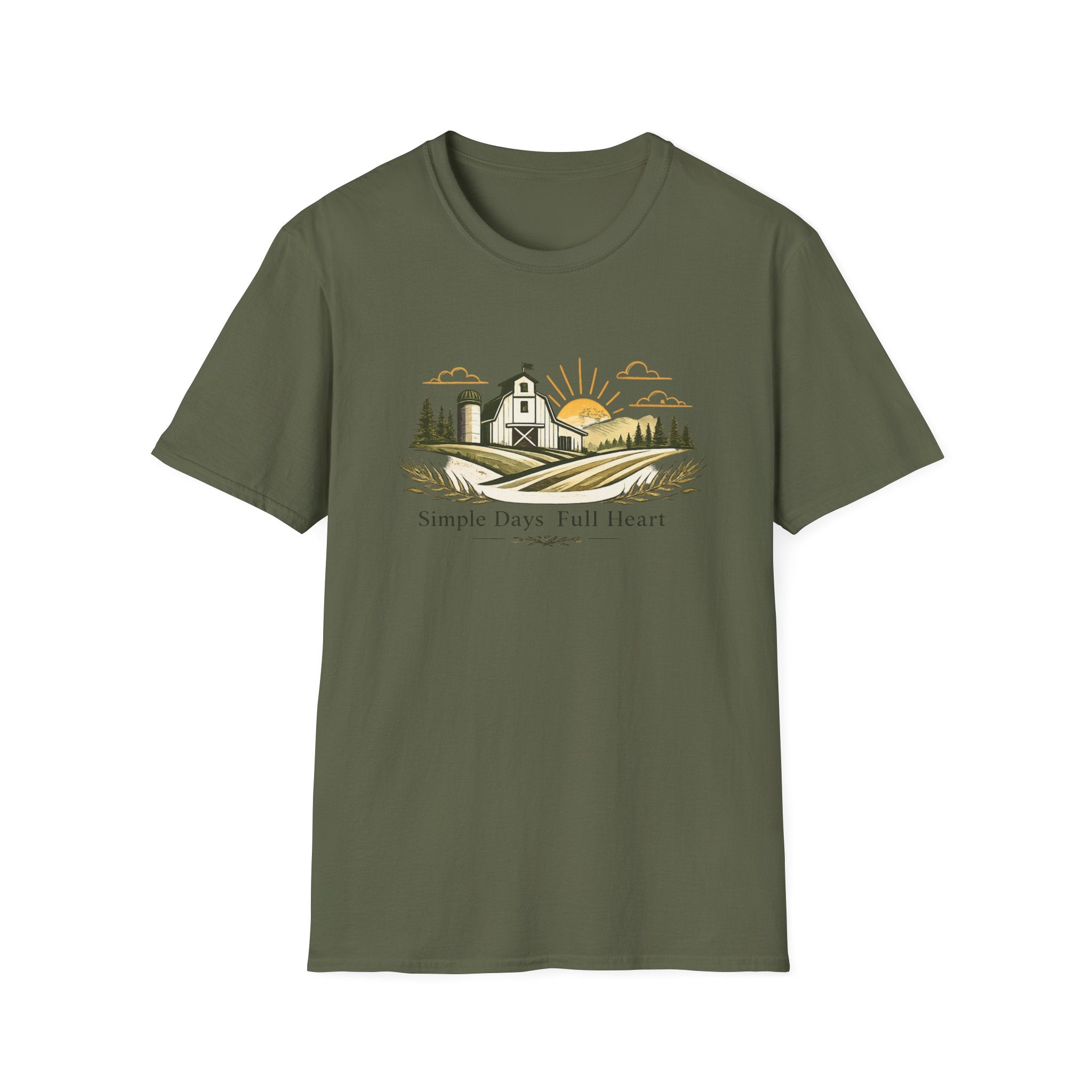 Farmhouse Sunset T-Shirt — "Simple Days Full Heart" Rustic Country Tee