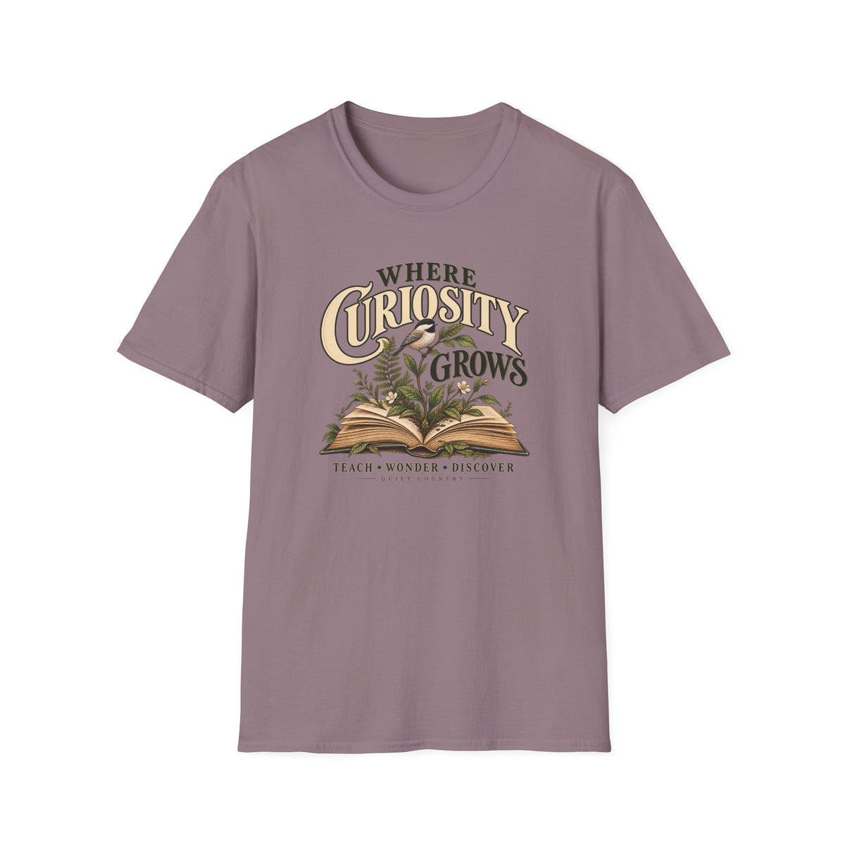 Where Curiosity Grows Teacher T-Shirt — Vintage Botanical Book Design