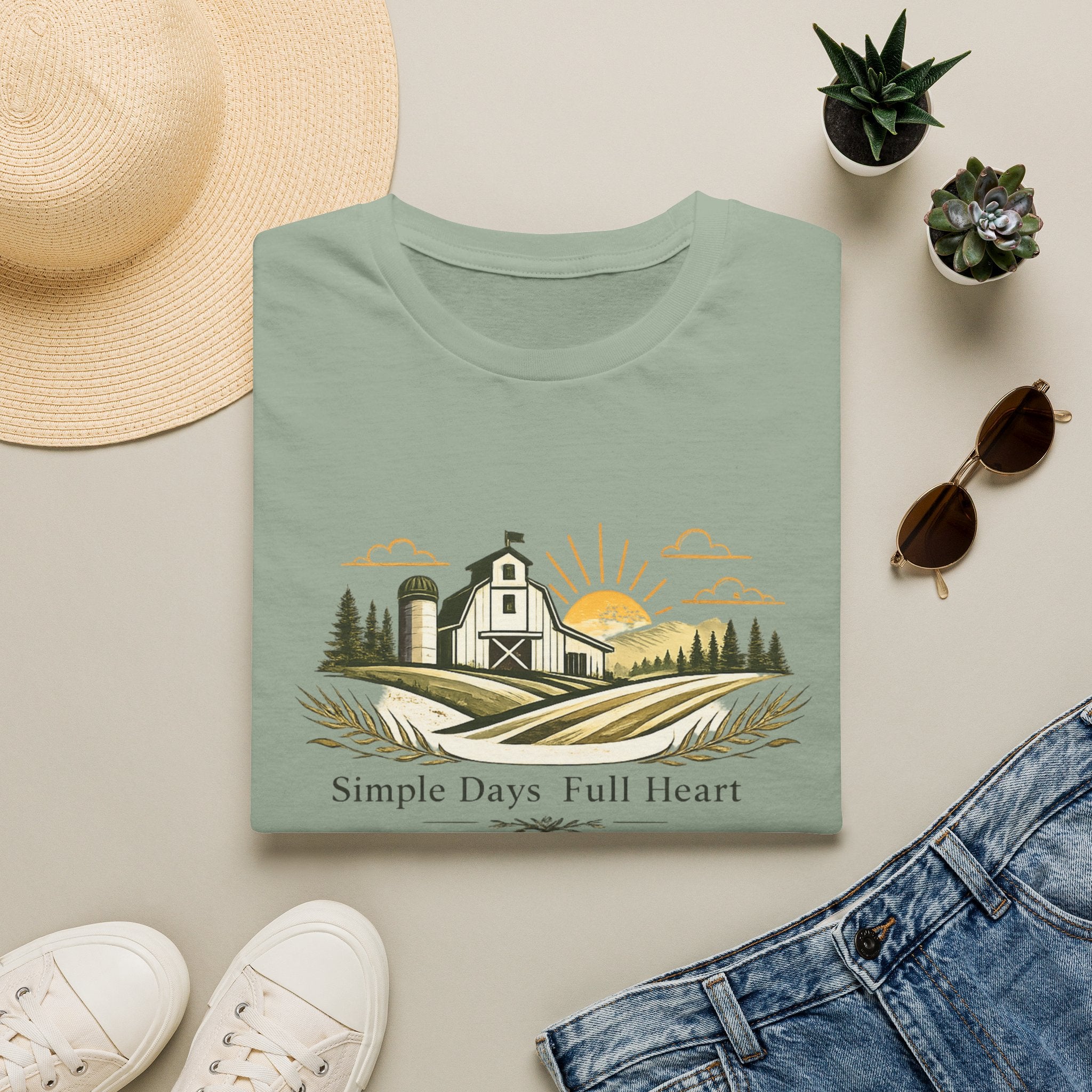 Farmhouse Sunrise T-Shirt — "Simple Days Full Heart" Rustic Country Tee