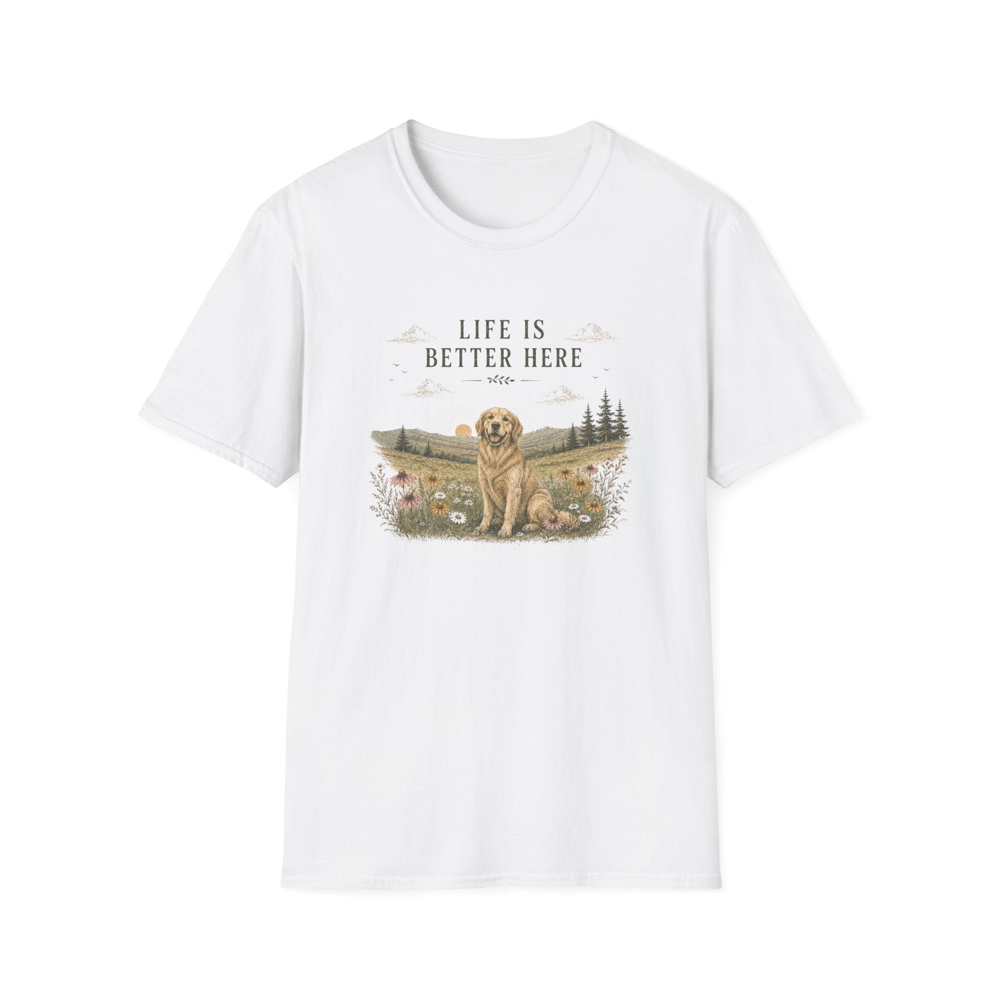 T-Shirt — “Life Is Better Here” Golden Retriever Scenic Tee