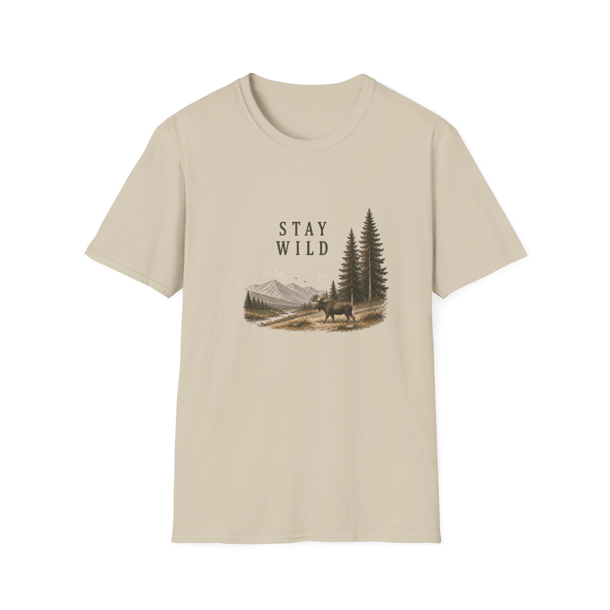 Stay Wild Moose T-Shirt — Mountain, Pine Trees Nature Graphic Tee