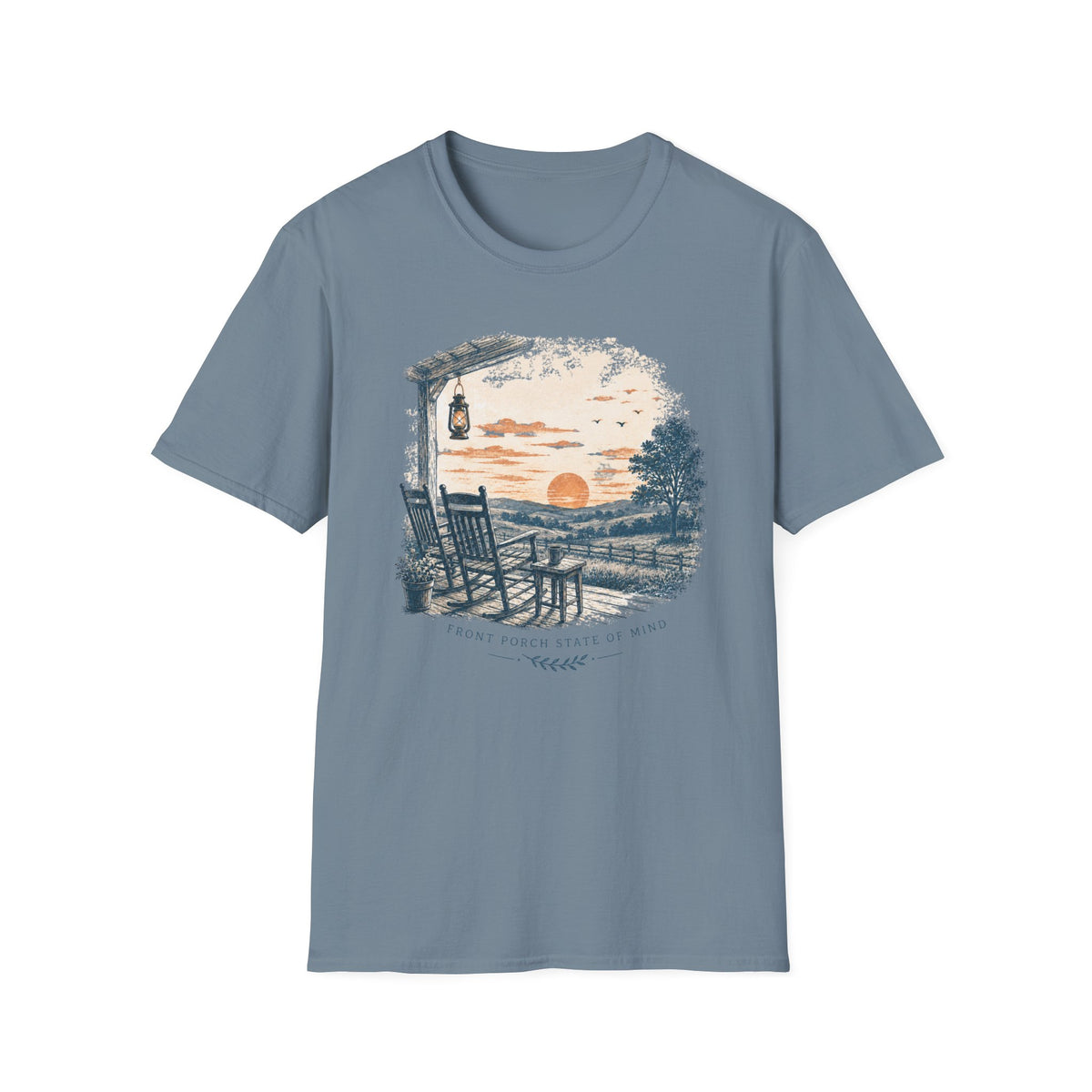 Sunset Porch T-Shirt — Relaxing Rocking Chair Lakeside Graphic Tee