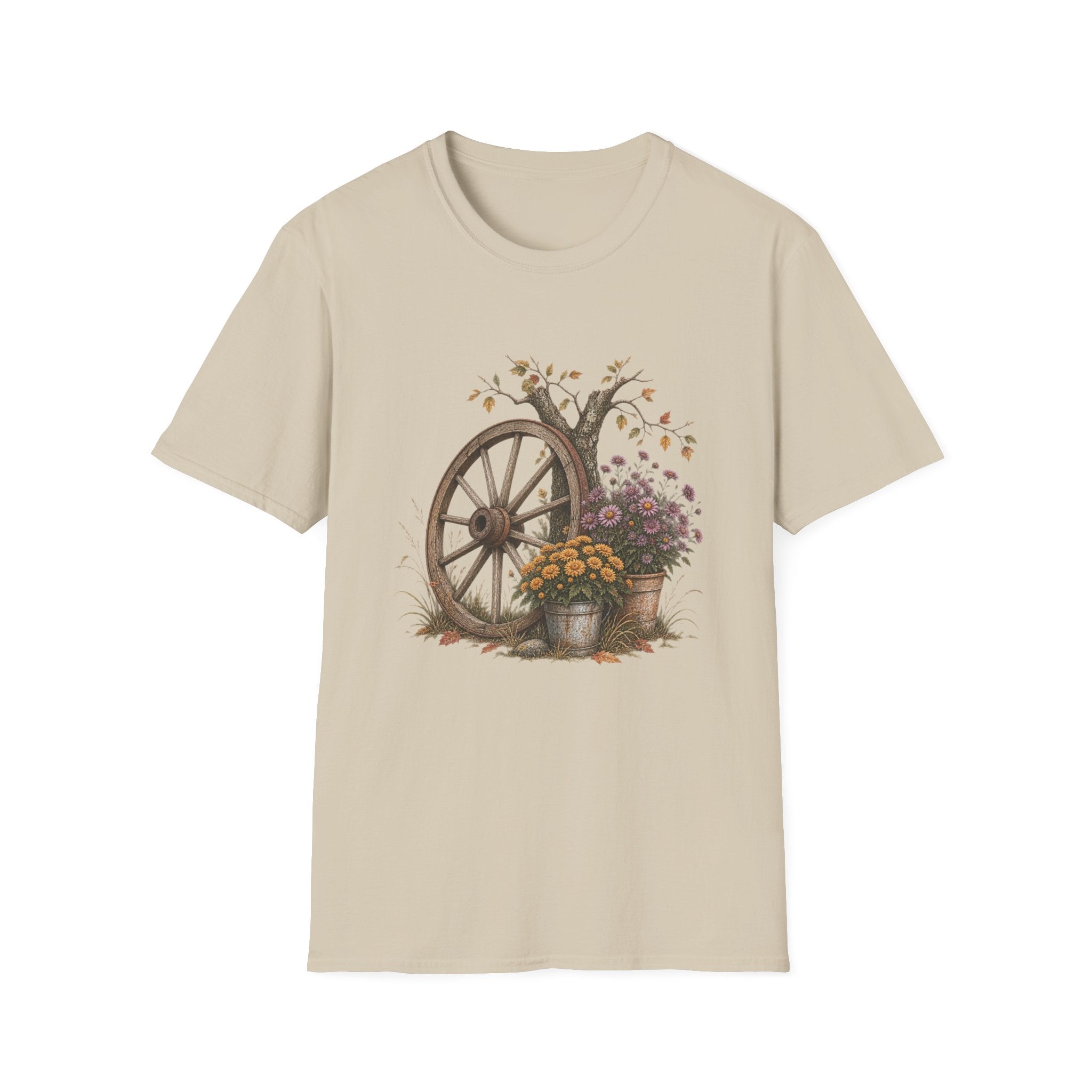 Vintage Wagon Wheel Floral Tee — Rustic Autumn Farmhouse T-Shirt