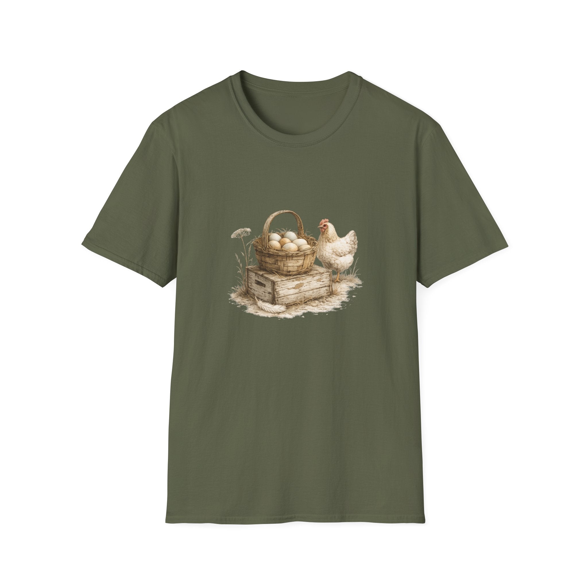 Chicken & Egg Basket T-Shirt — Rustic Farmhouse Tee for Animal Lovers