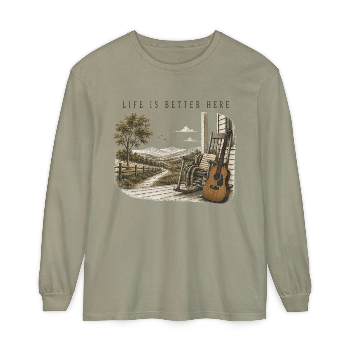 Life Is Better Here Porch Scene Guitar Long Sleeve Tee