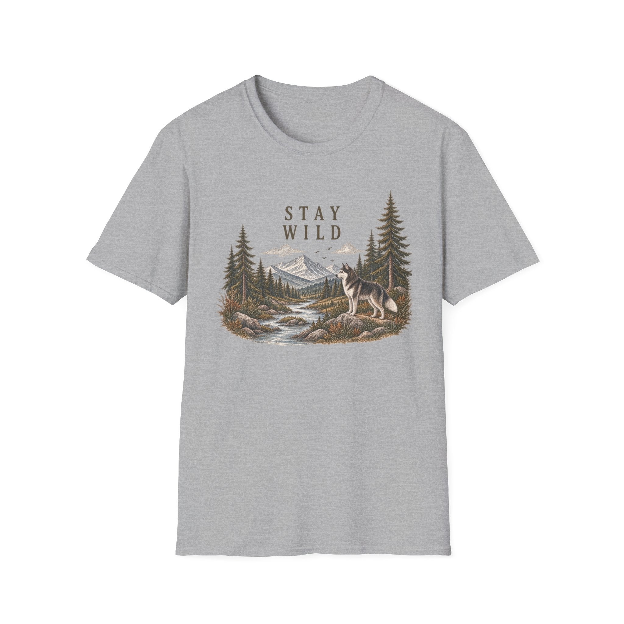 Stay Wild Mountain Wolf T-Shirt — Nature Graphic Tee for Outdoor Lovers