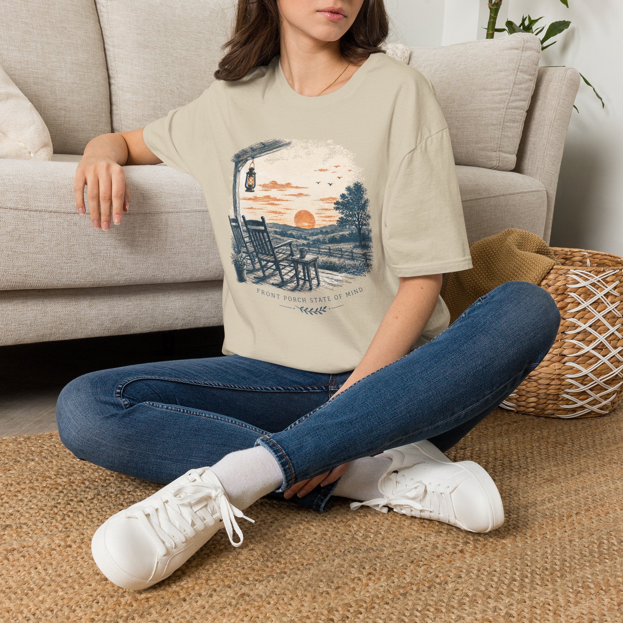 Sunset Porch T-Shirt — Vintage Lantern & Rocking Chair Beach Tee