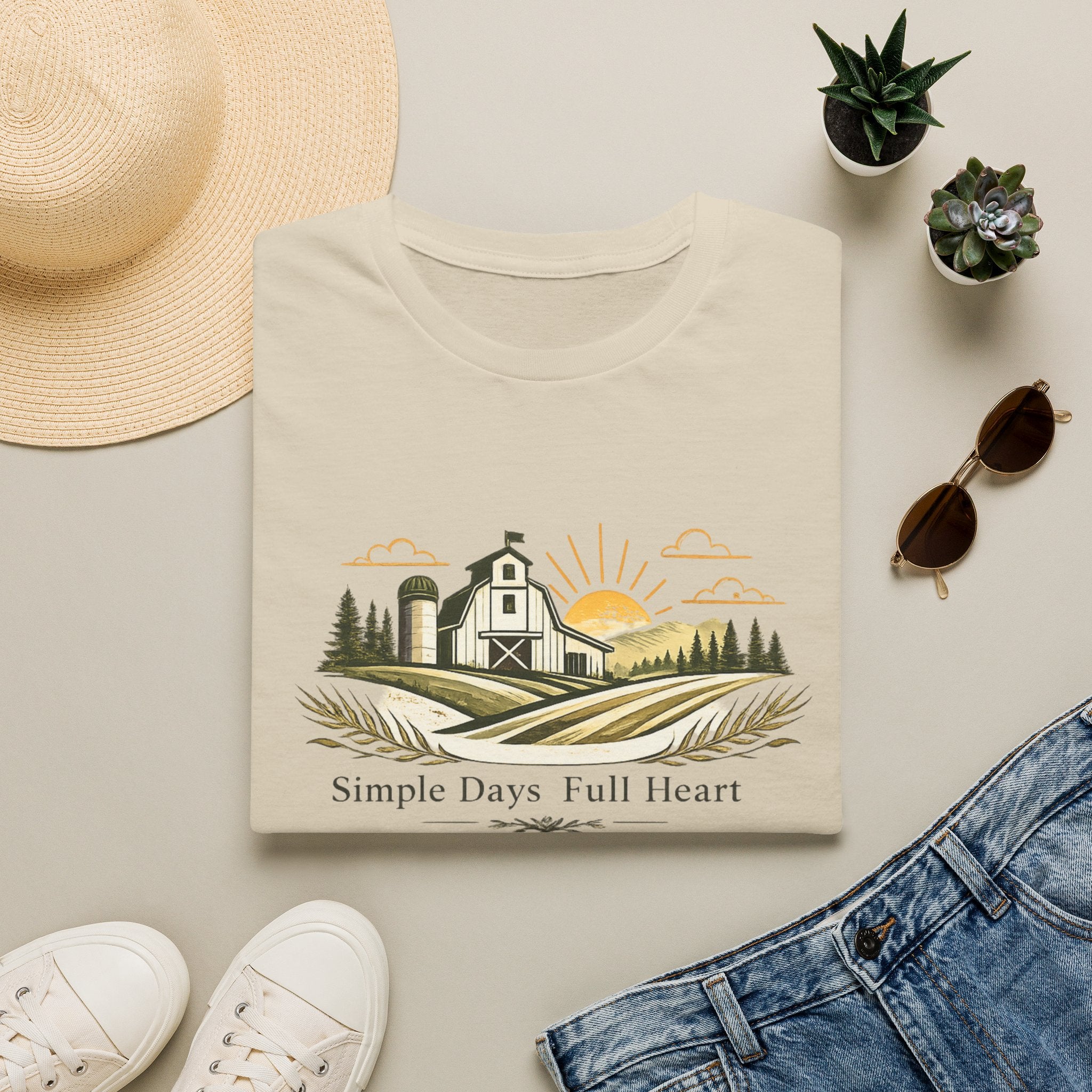 Farmhouse Sunrise T-Shirt — "Simple Days Full Heart" Rustic Country Tee
