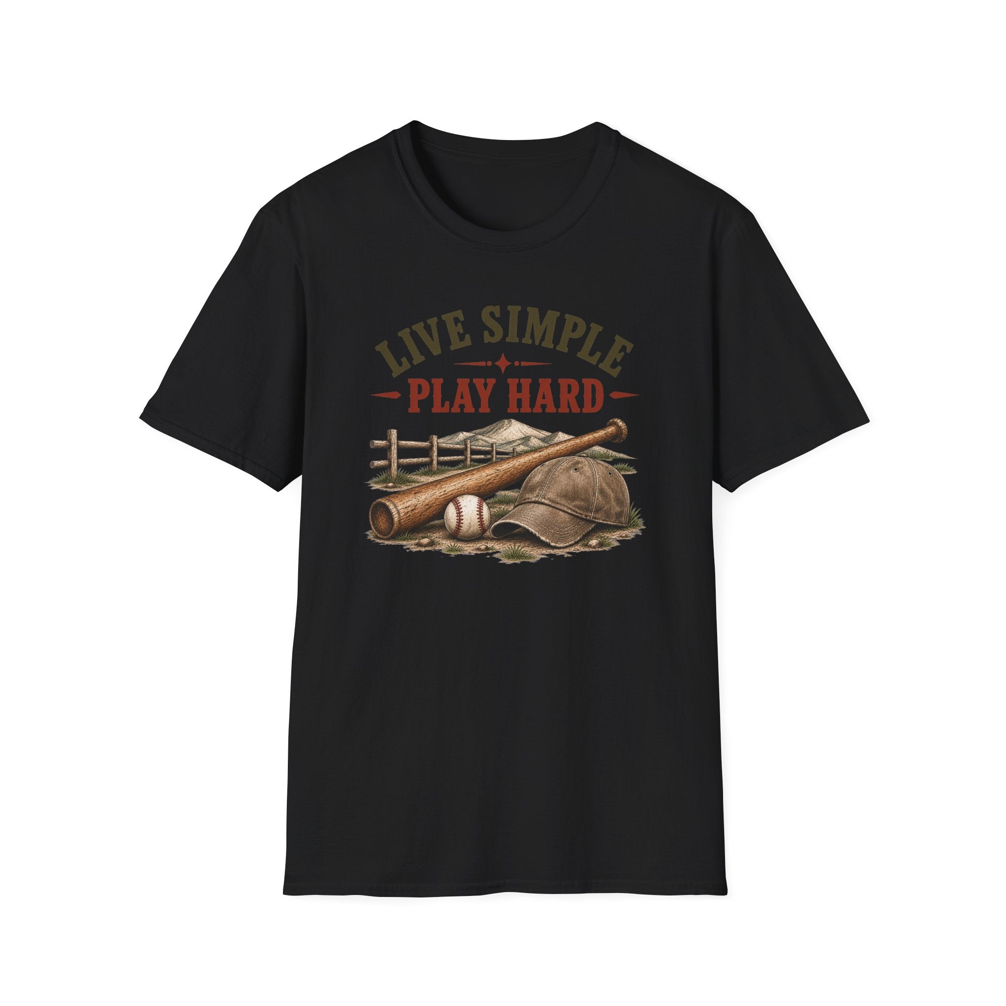 T-Shirt — "Live Simple Play Hard" Rustic Baseball Graphic