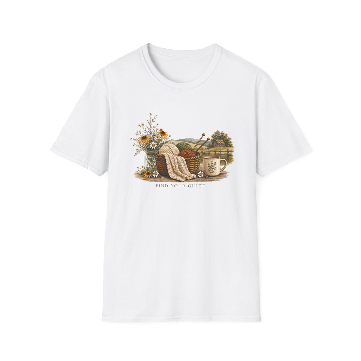 Cozy Cottage Knits T-Shirt — Yarn Basket, Mug & Wildflowers Graphic