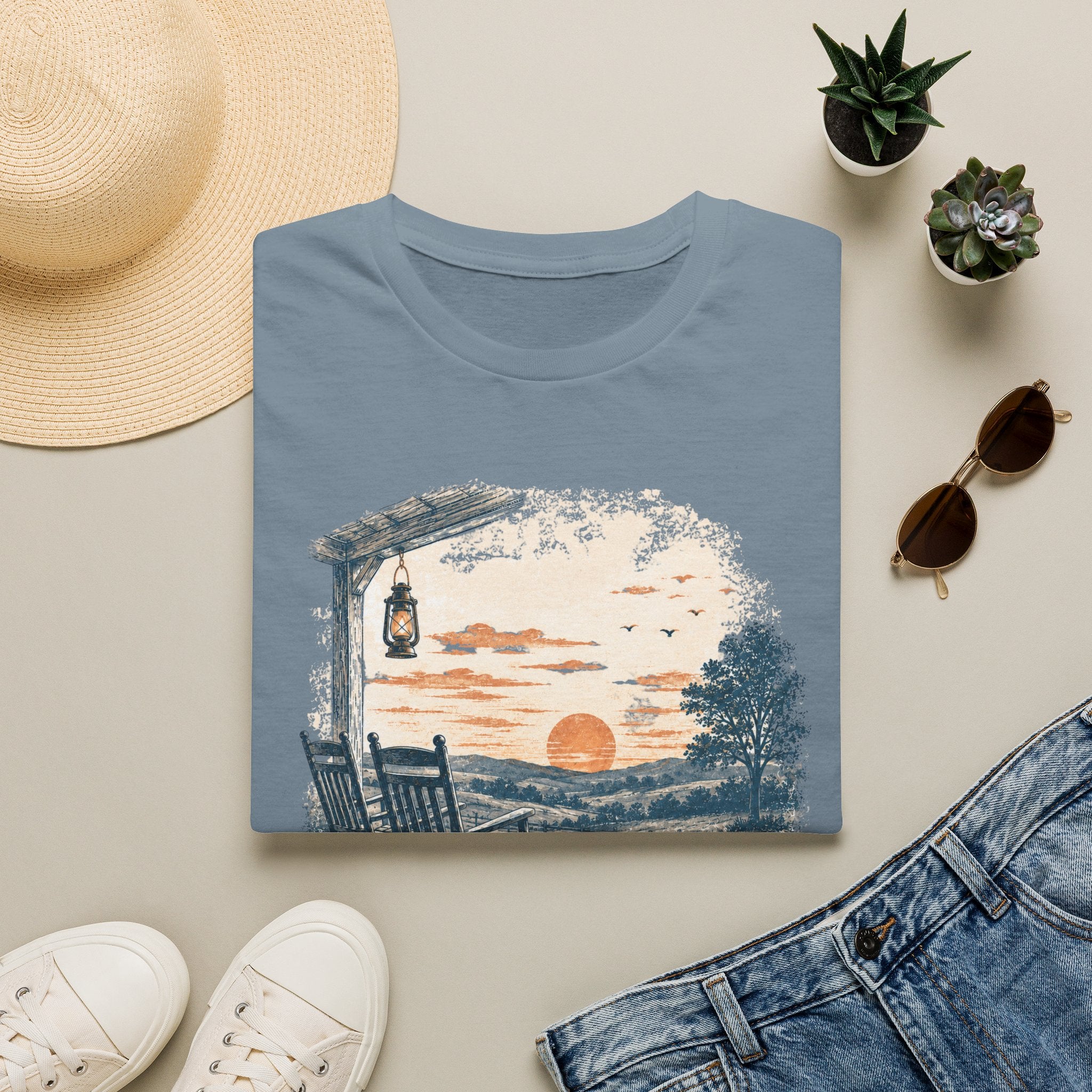 Sunset Porch T-Shirt — Vintage Lantern & Rocking Chair Beach Tee