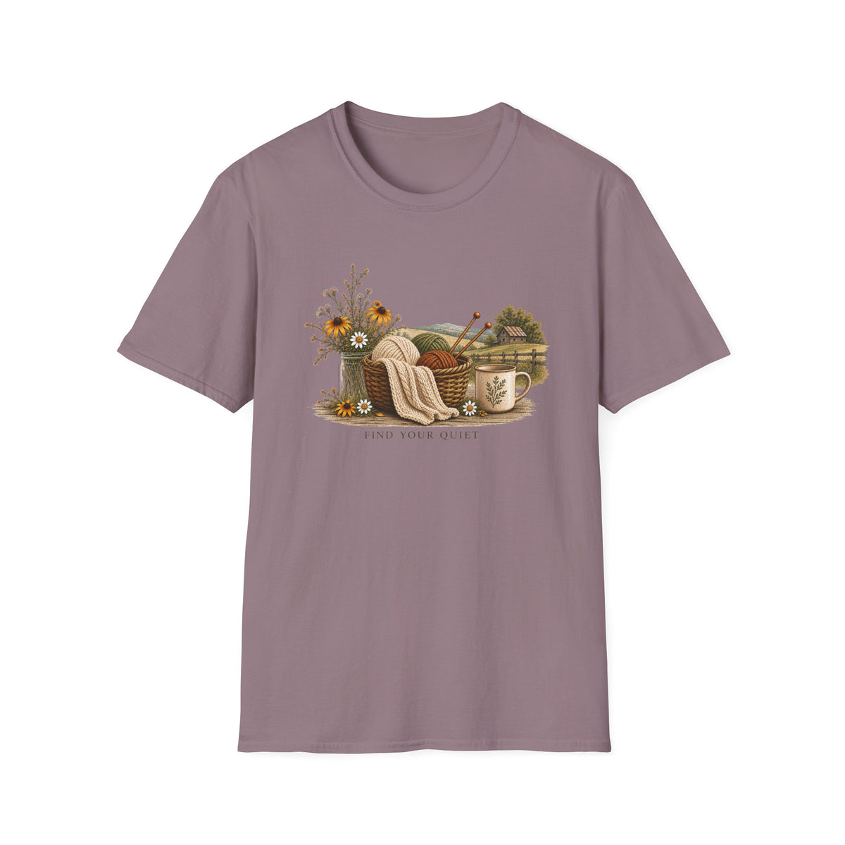 Cozy Cottage Knits T-Shirt — Yarn Basket, Mug & Wildflowers Graphic