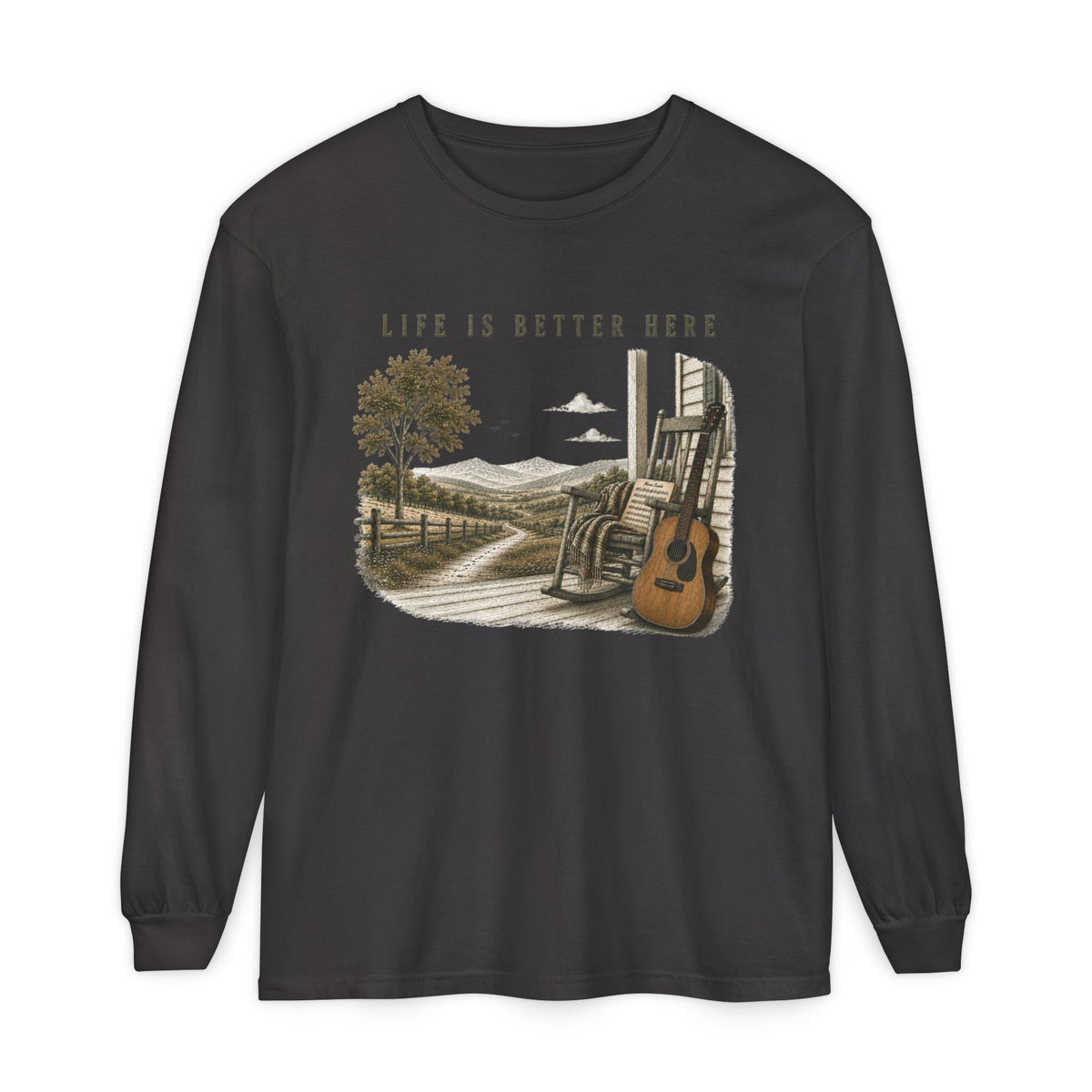 Life Is Better Here Porch Scene Guitar Long Sleeve Tee