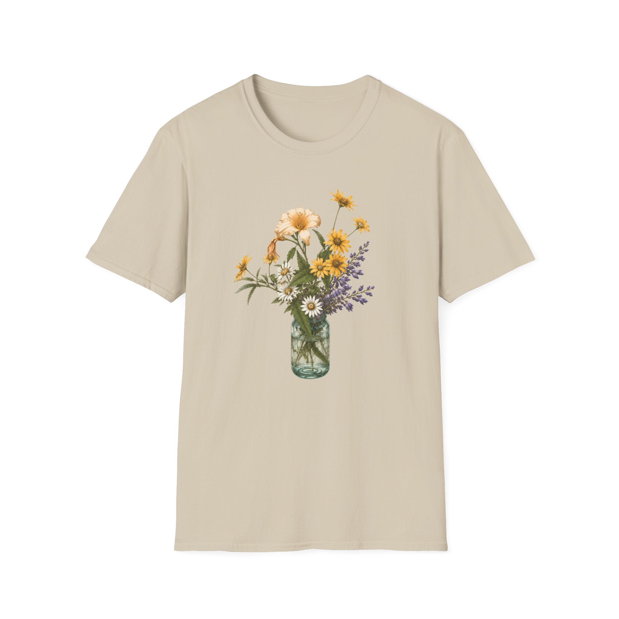 Floral Mason Jar Tee — Yellow Sunflower Bouquet Graphic Shirt