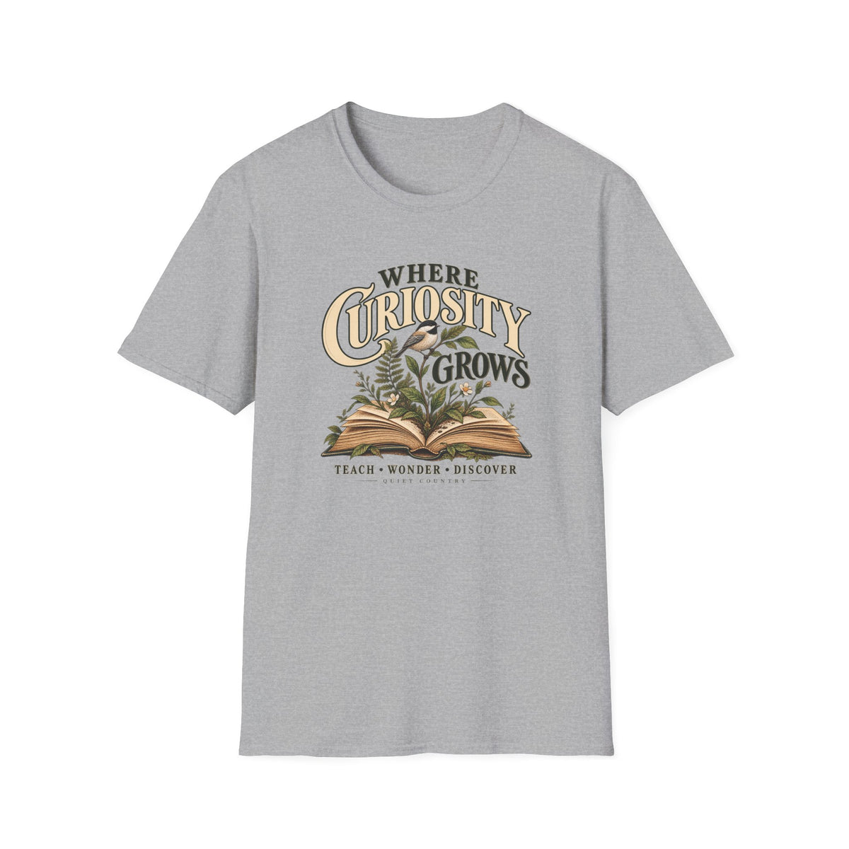 Where Curiosity Grows Teacher T-Shirt — Vintage Botanical Book Design