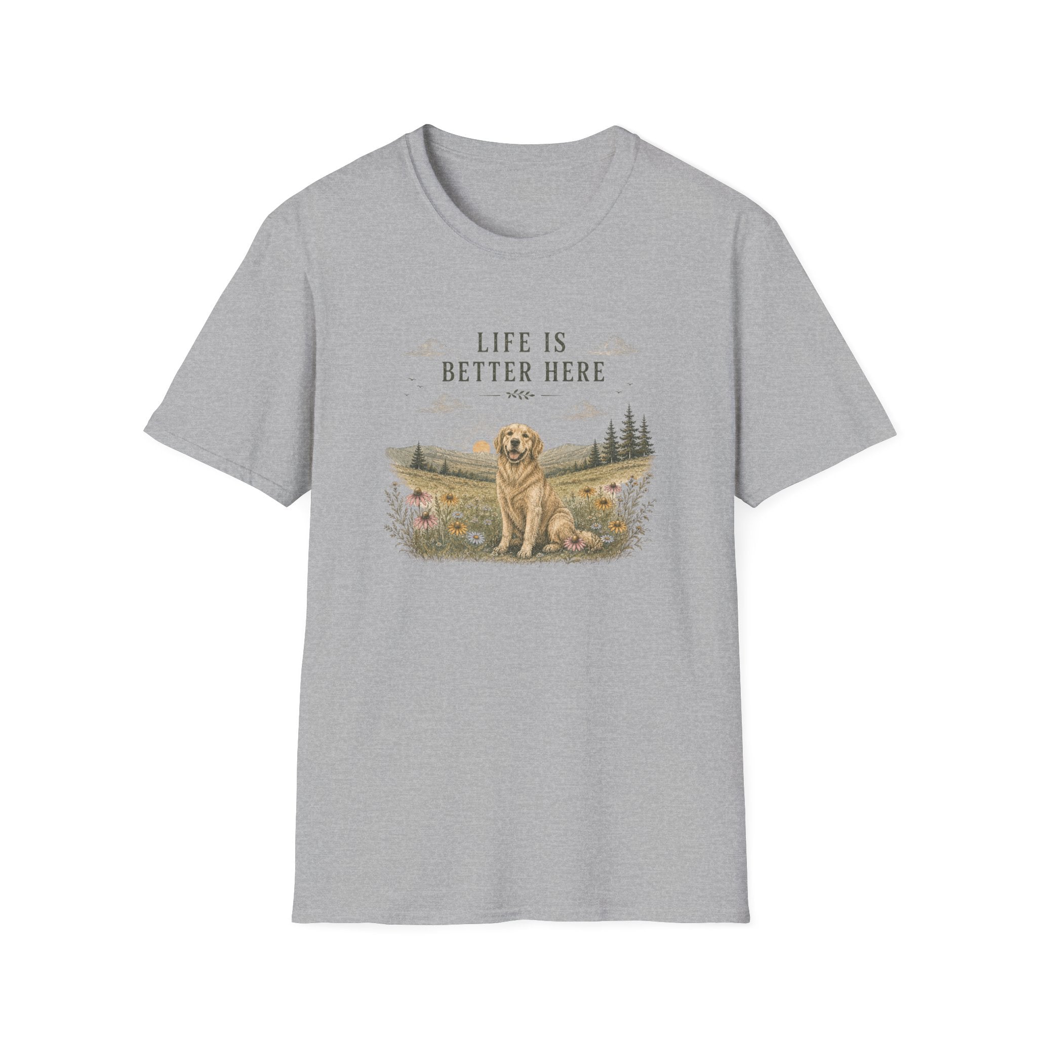 T-Shirt — “Life Is Better Here” Golden Retriever Scenic Tee