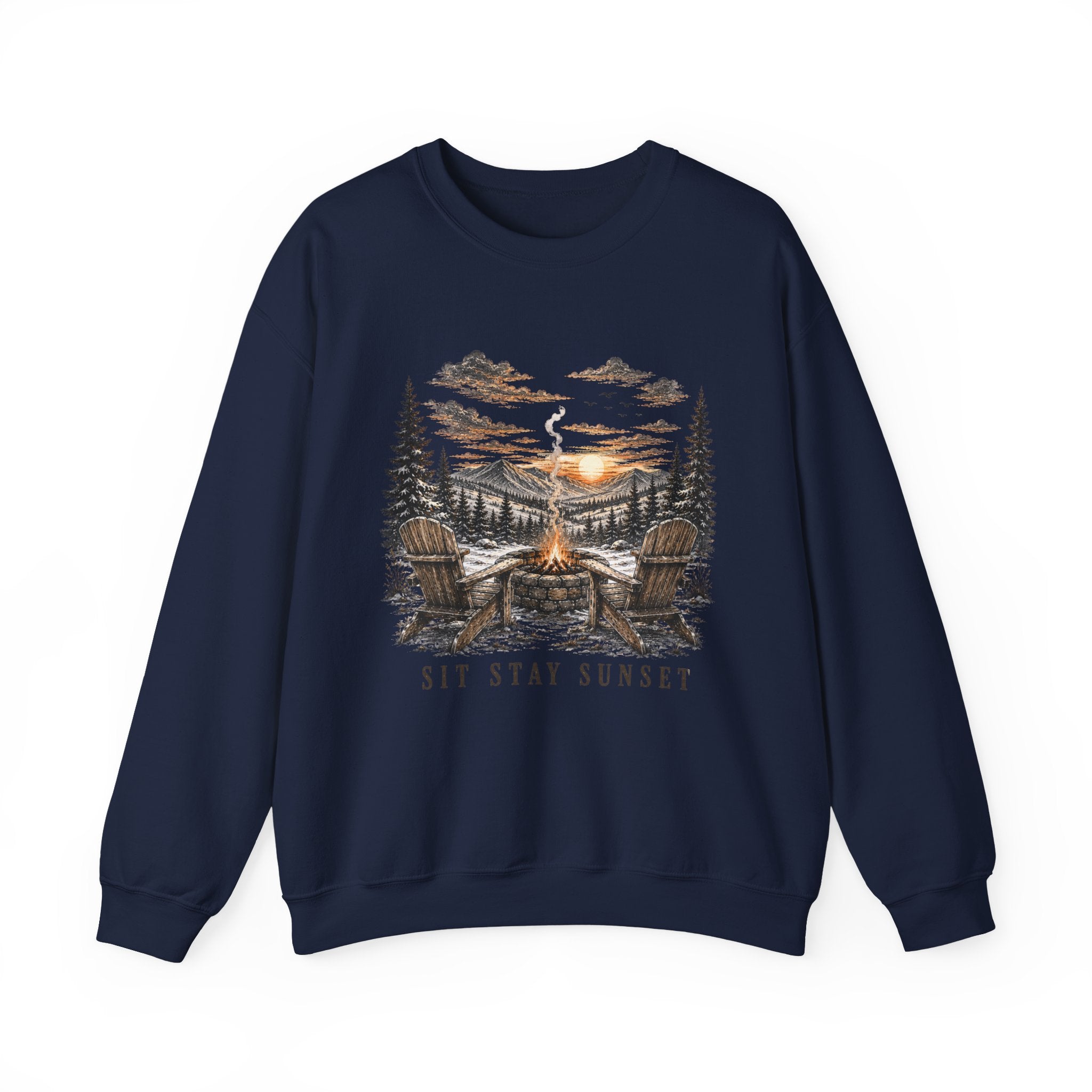 Sunset Campfire Crewneck Sweatshirt — "Sit • Stay • Sunset" Outdoor Graphic