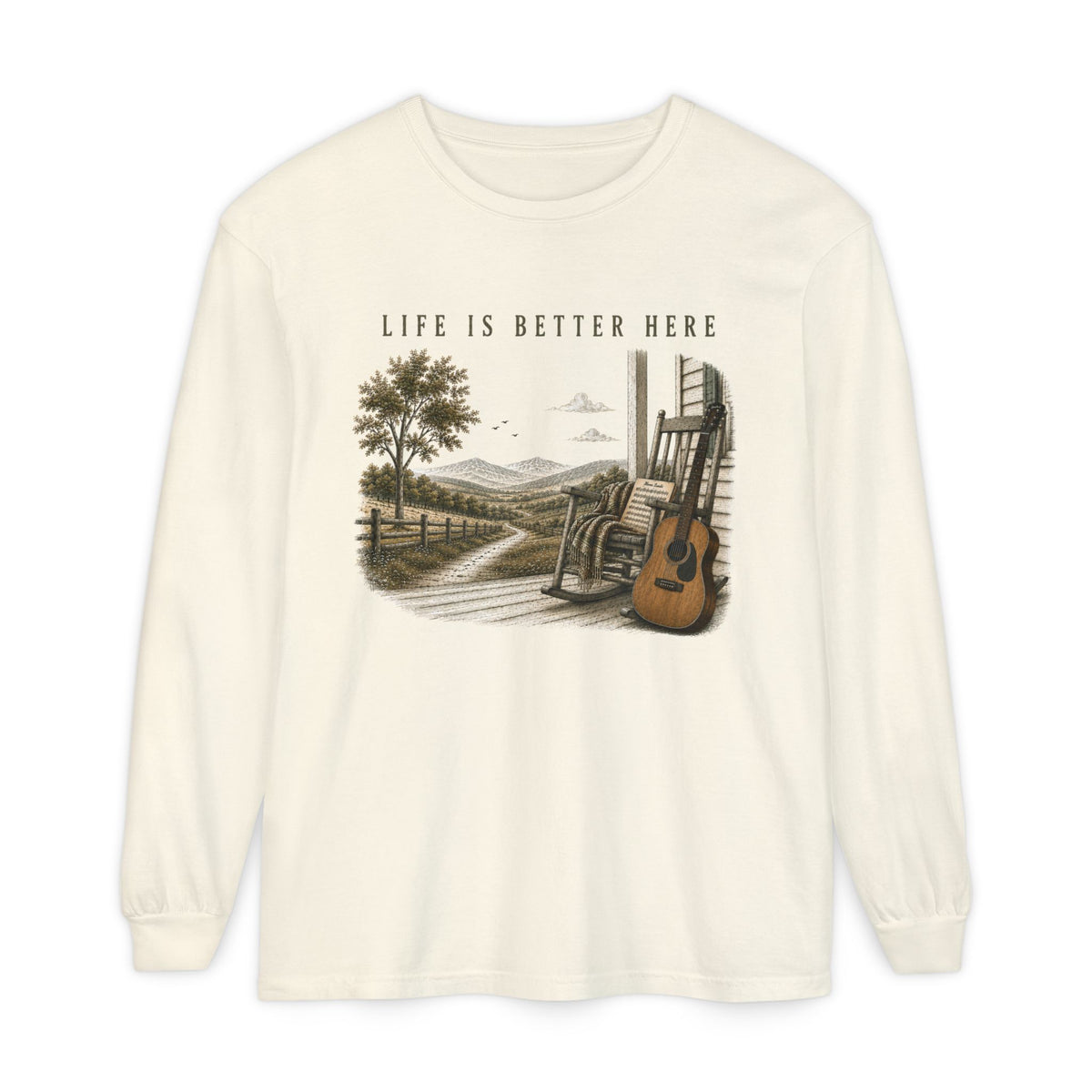 Life Is Better Here Porch Scene Guitar Long Sleeve Tee