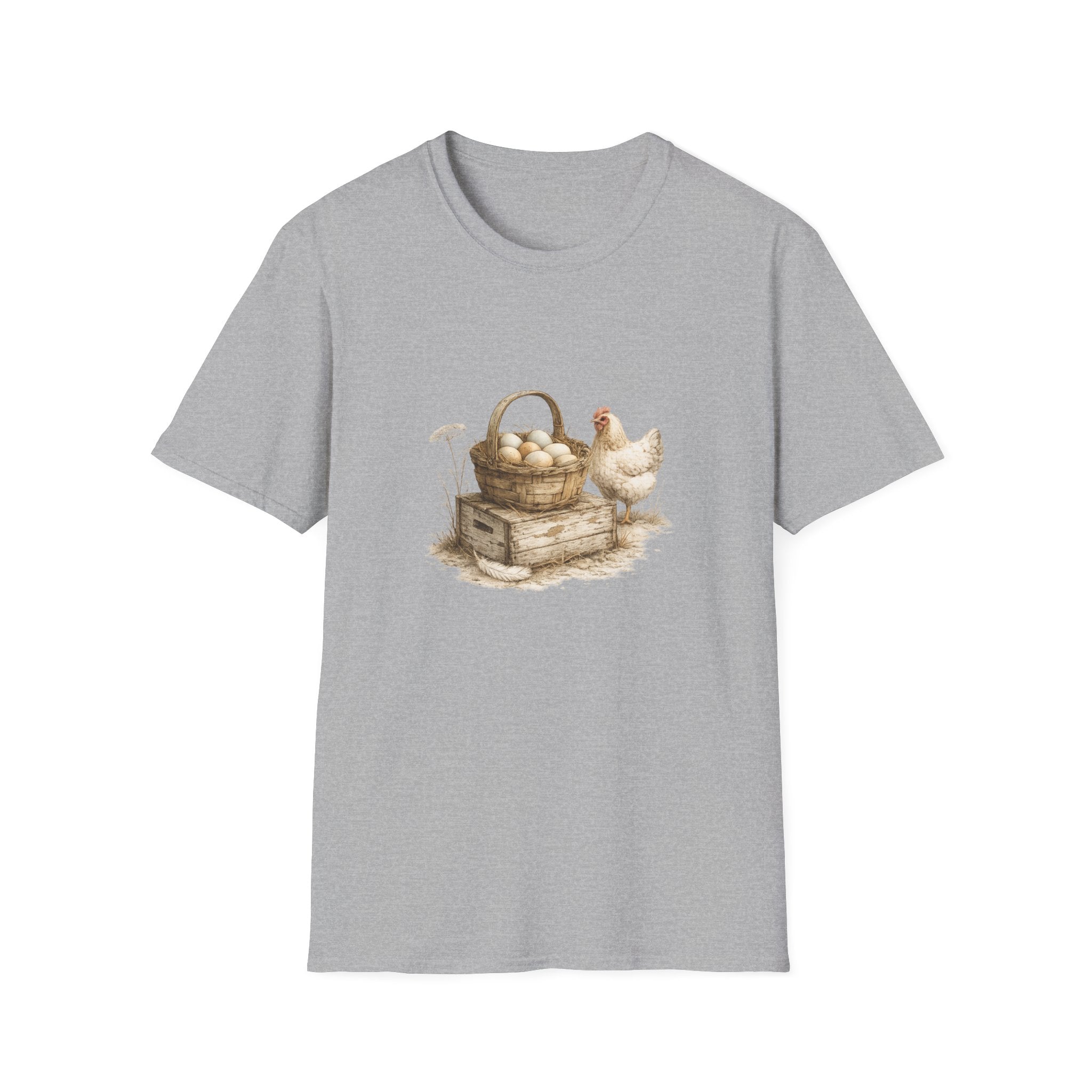 Chicken & Egg Basket T-Shirt — Rustic Farmhouse Tee for Animal Lovers