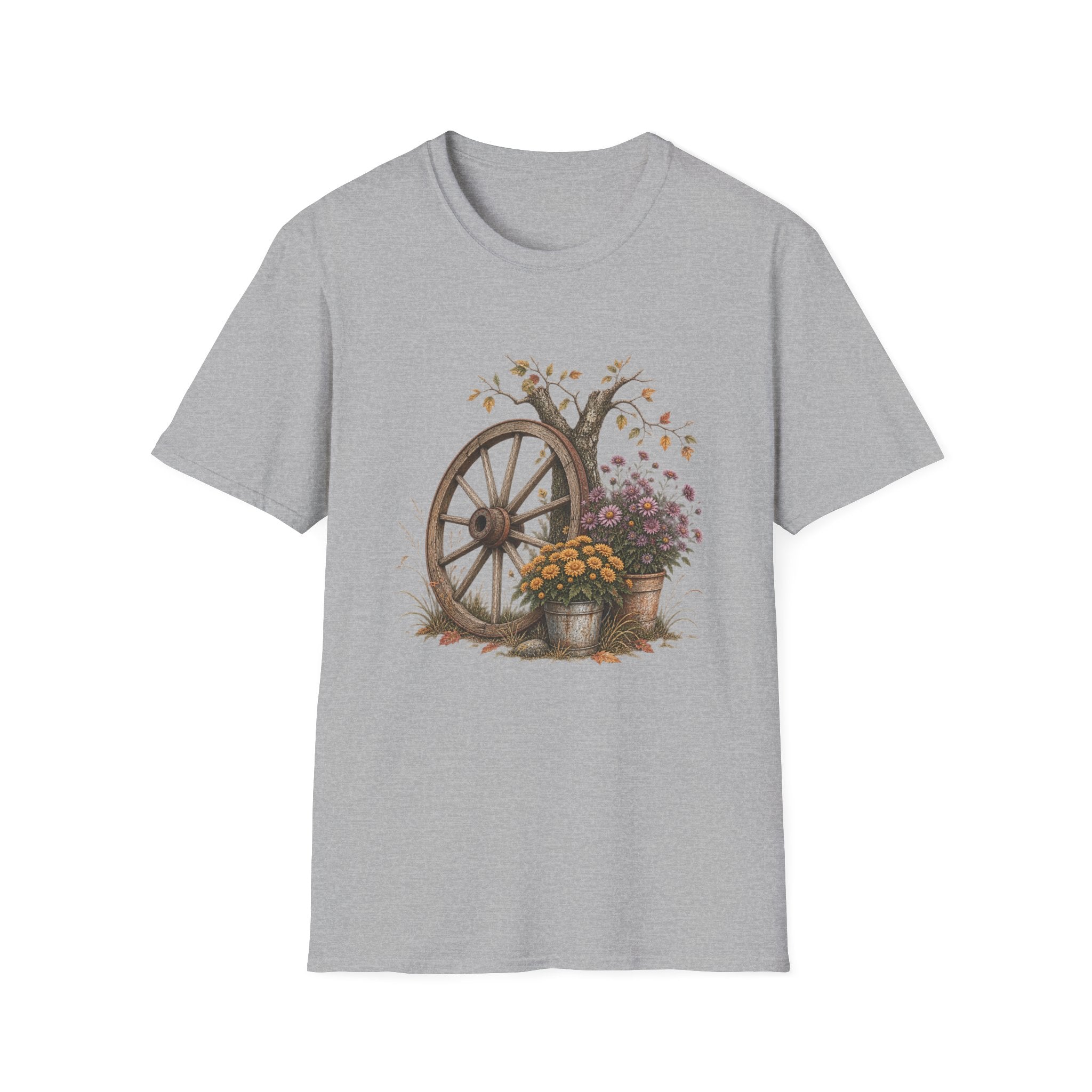 Vintage Wagon Wheel Floral Tee — Rustic Autumn Farmhouse T-Shirt