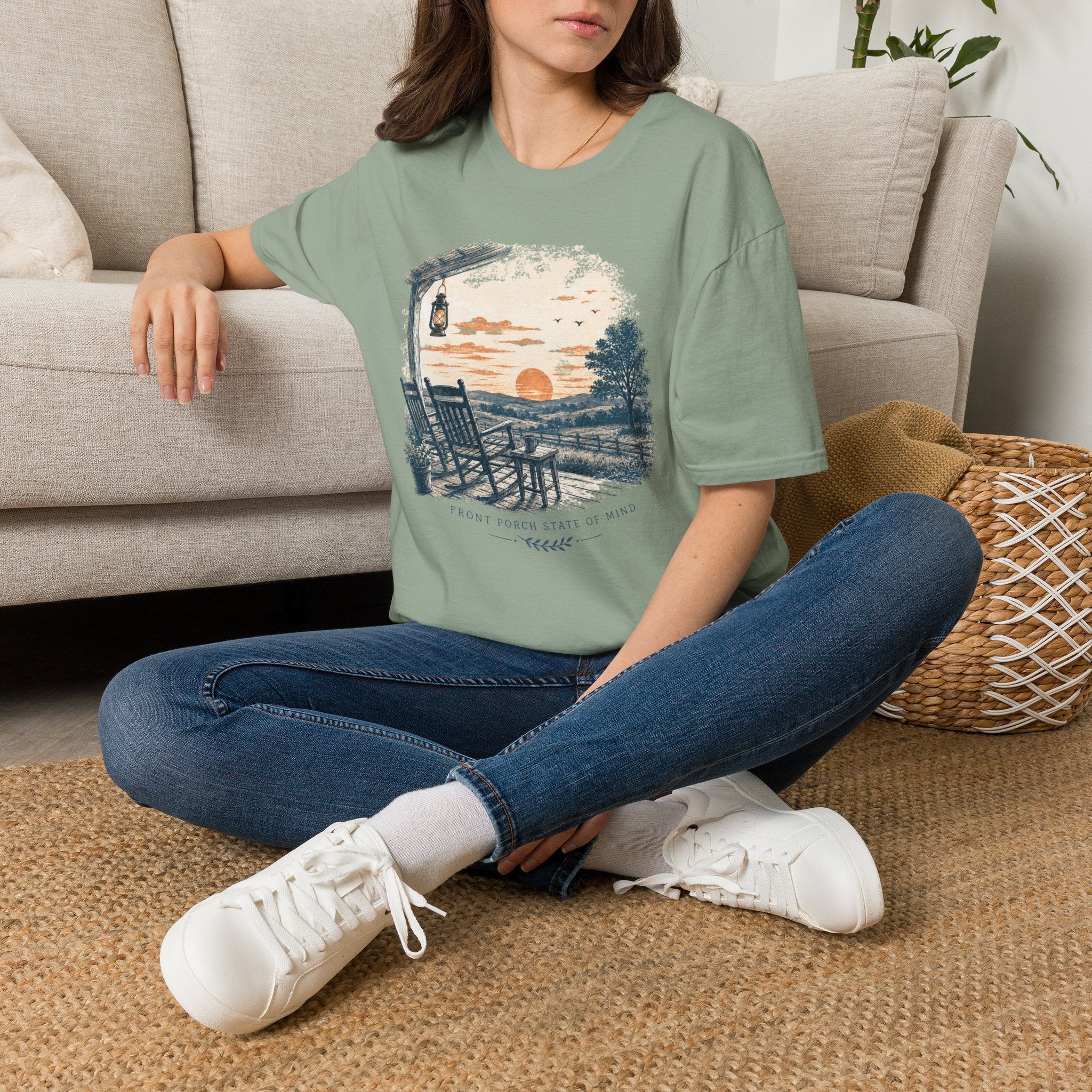 Sunset Porch T-Shirt — Vintage Lantern & Rocking Chair Beach Tee
