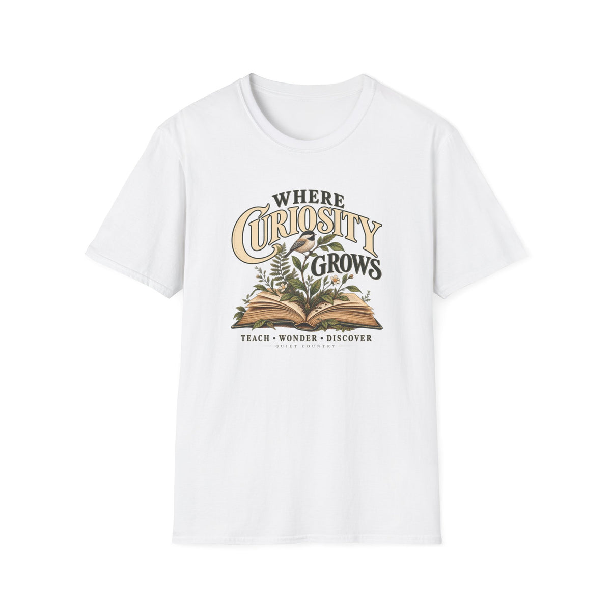 Where Curiosity Grows Teacher T-Shirt — Vintage Botanical Book Design