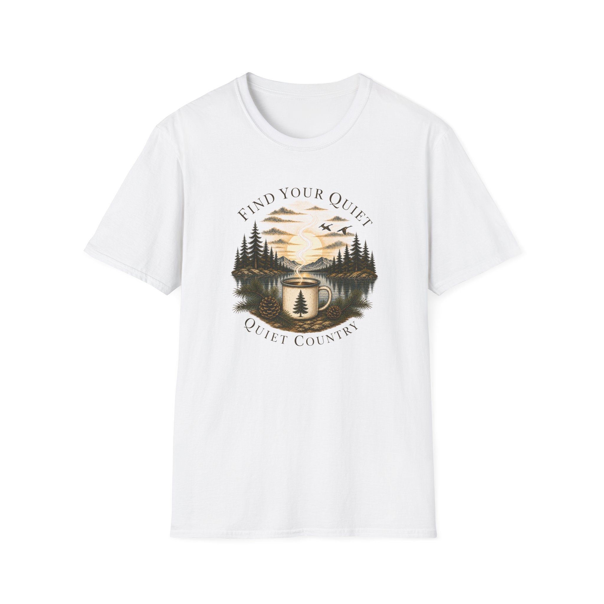 Find Your Quiet Coffee Tee — Mountain Lake Mug Graphic T-Shirt