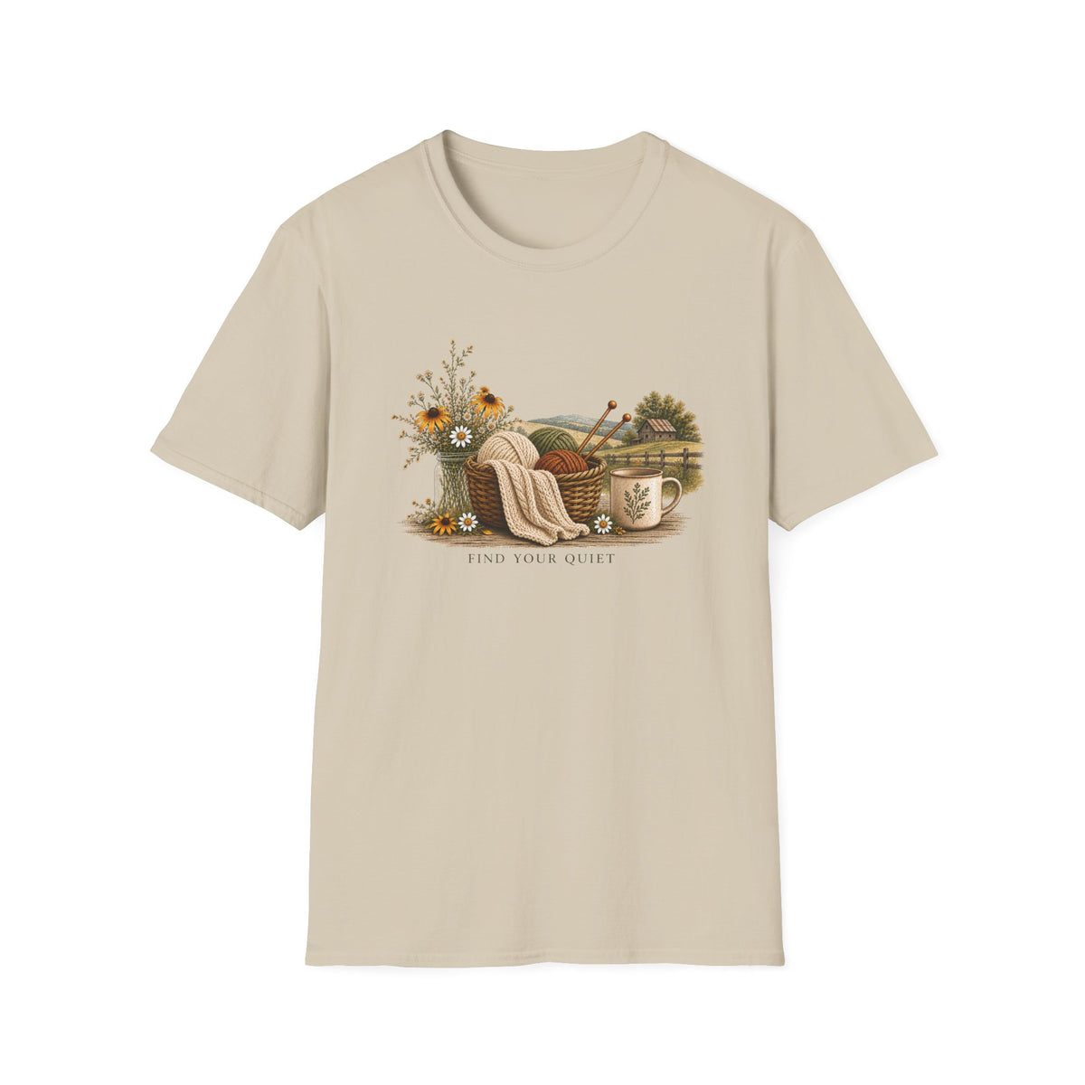 Cozy Cottage Knits T-Shirt — Yarn Basket, Mug & Wildflowers Graphic