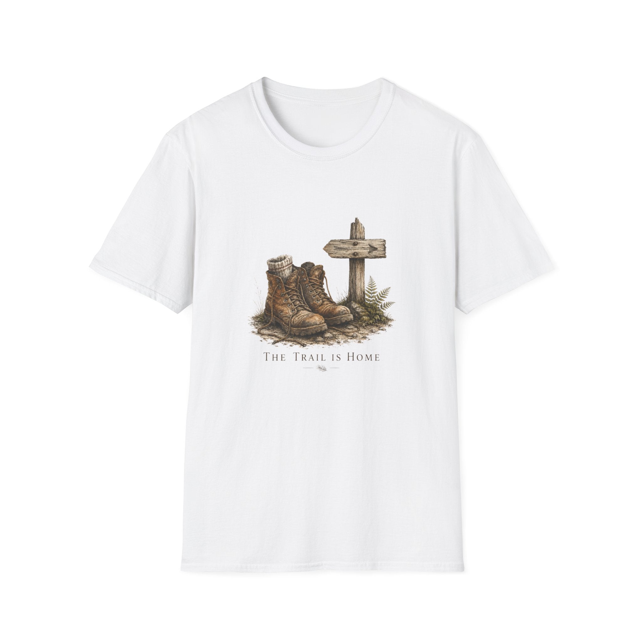 Rustic Hiking Boots T-Shirt — "The Trail Is Home" Back-Print Casual Tee
