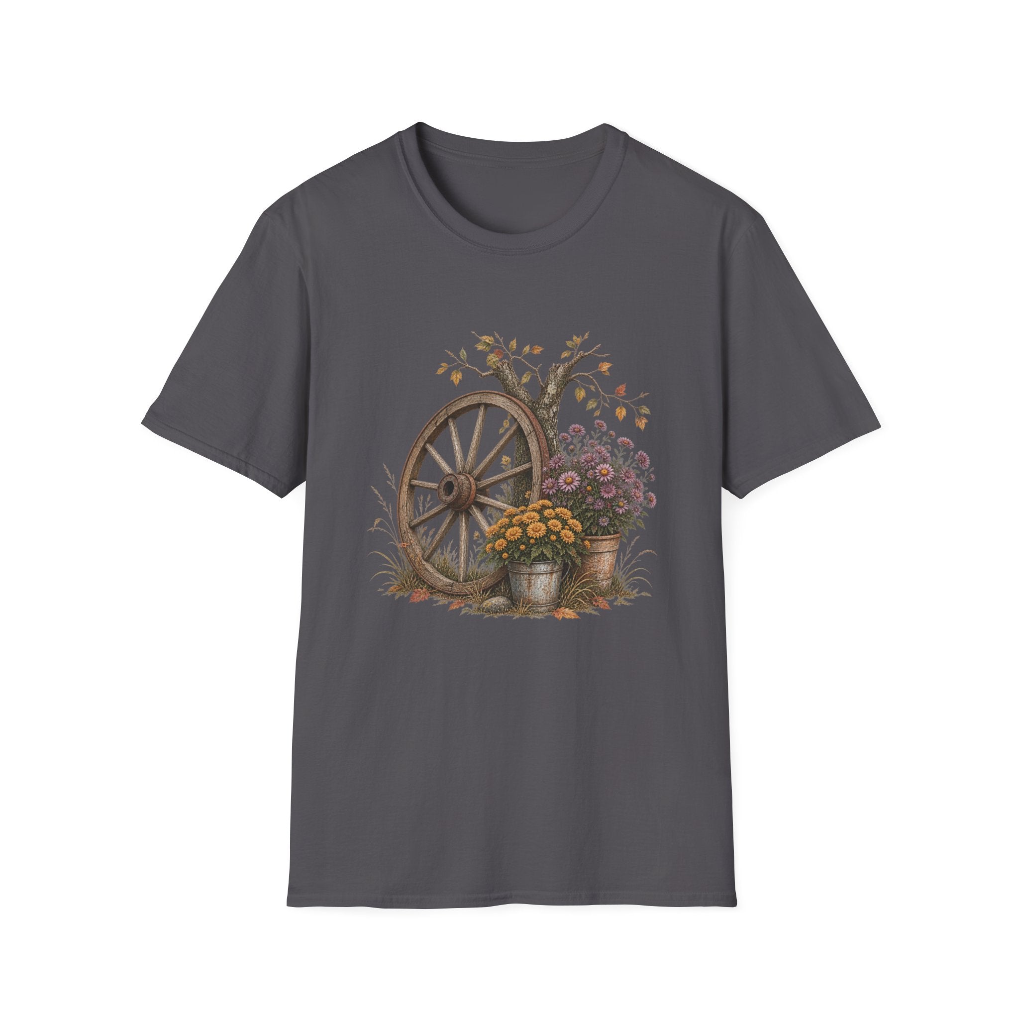 Vintage Wagon Wheel Floral Tee — Rustic Autumn Farmhouse T-Shirt
