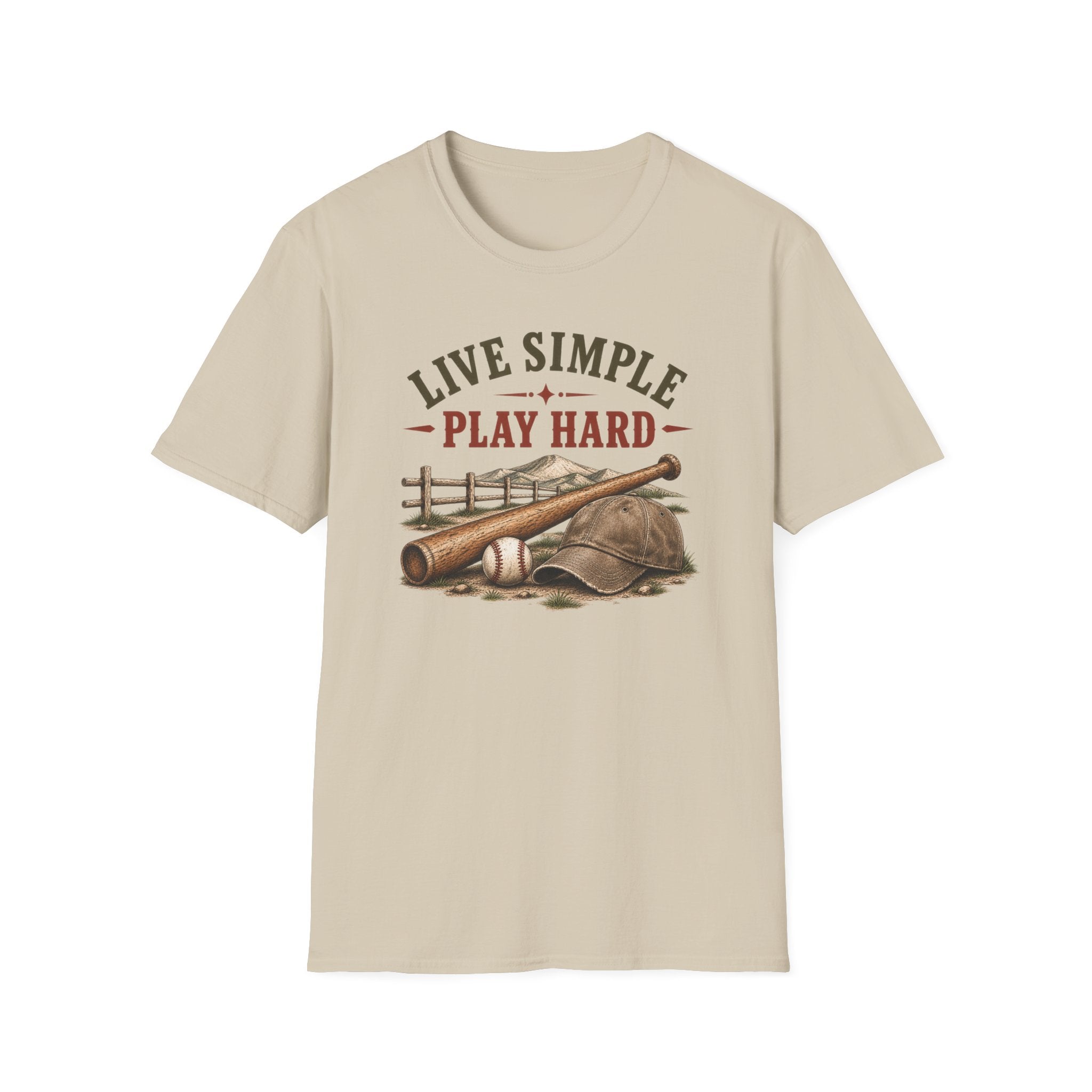 T-Shirt — "Live Simple Play Hard" Rustic Baseball Graphic