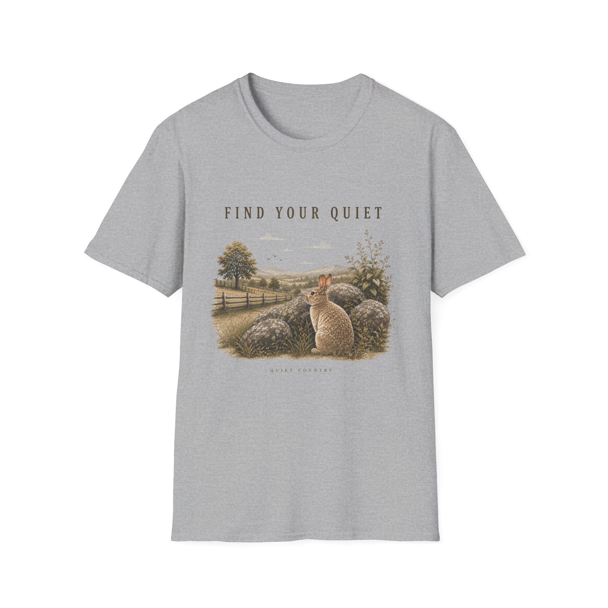 Find Your Quiet T-Shirt — Serene Countryside Rabbit Graphic Tee