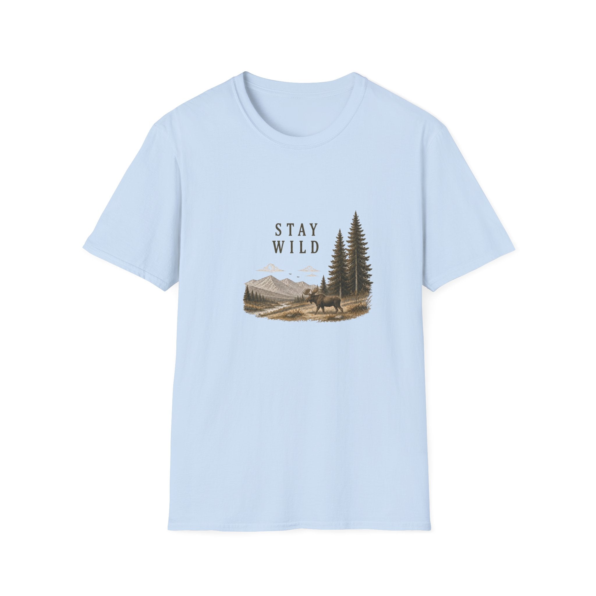 Stay Wild Moose Tee — Nature Graphic T-Shirt with Pines
