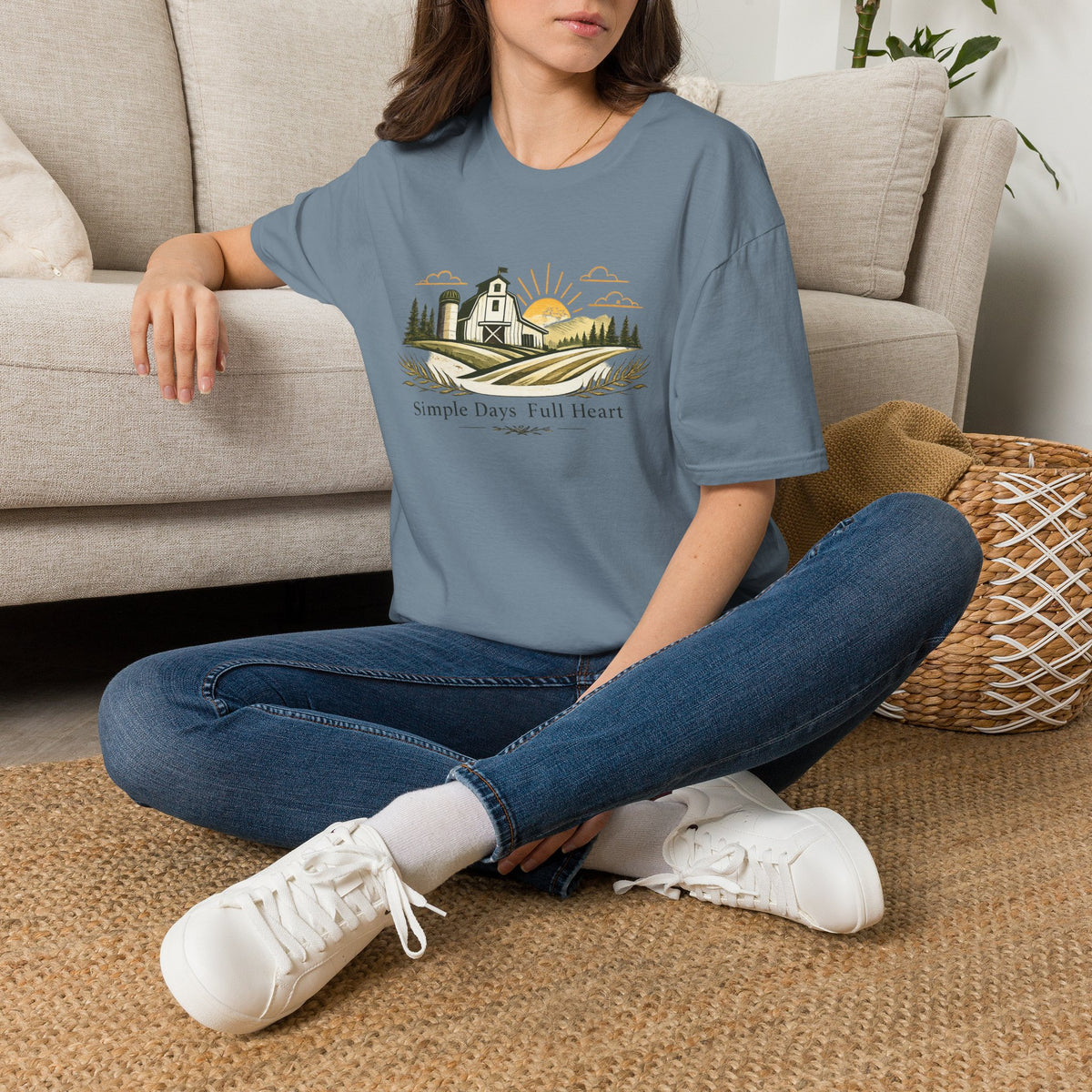 Farmhouse Sunrise T-Shirt — "Simple Days Full Heart" Rustic Country Tee