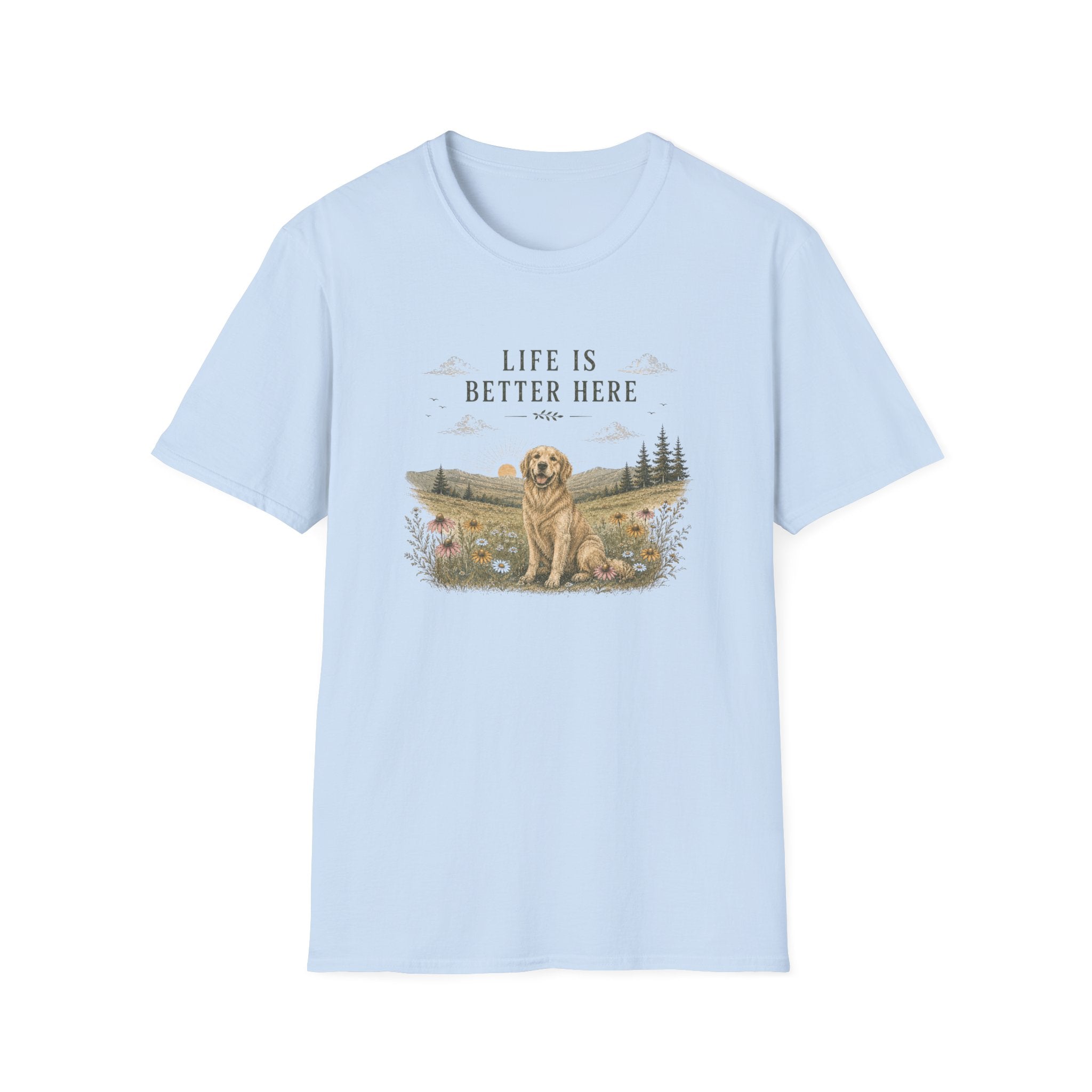 T-Shirt — “Life Is Better Here” Golden Retriever Scenic Tee