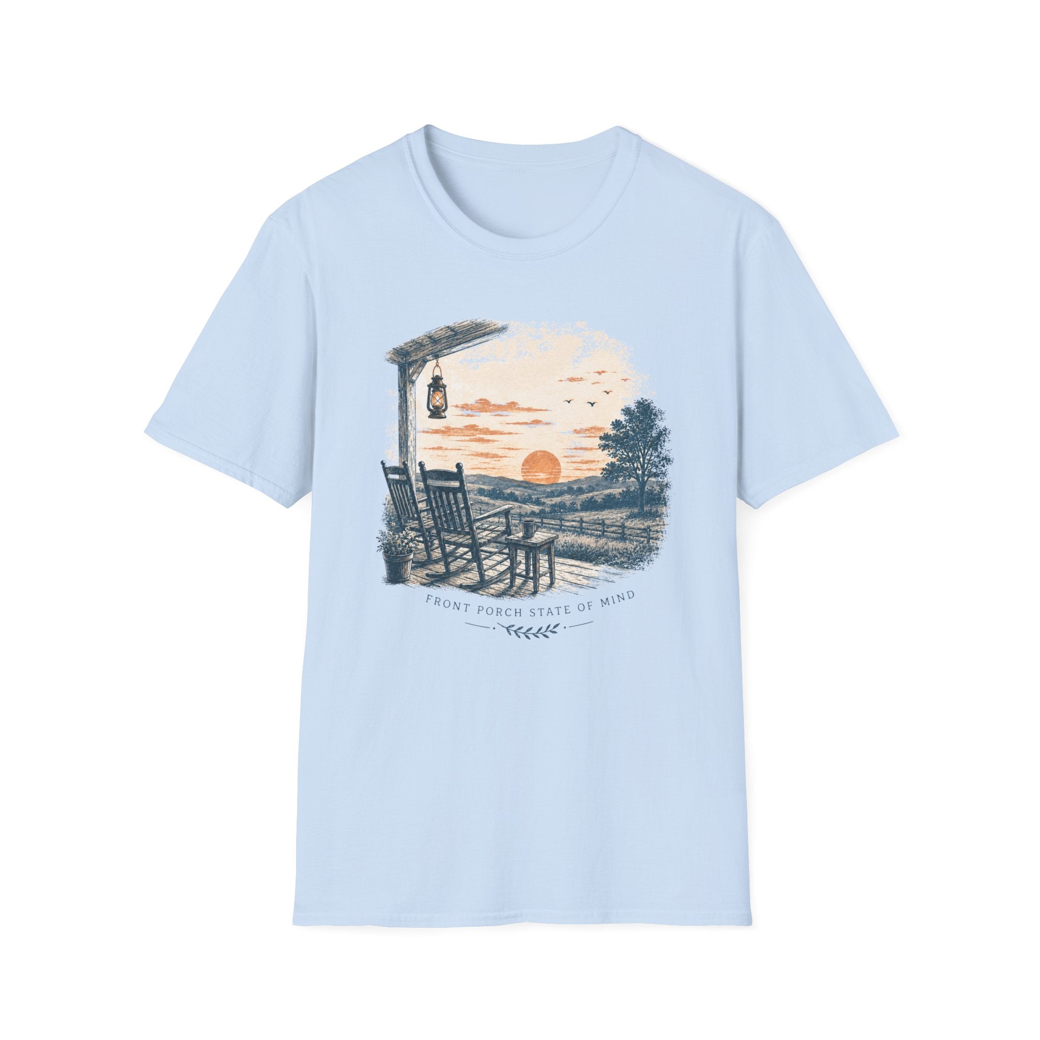 Sunset Porch T-Shirt — Vintage Lantern & Rocking Chair Beach Tee