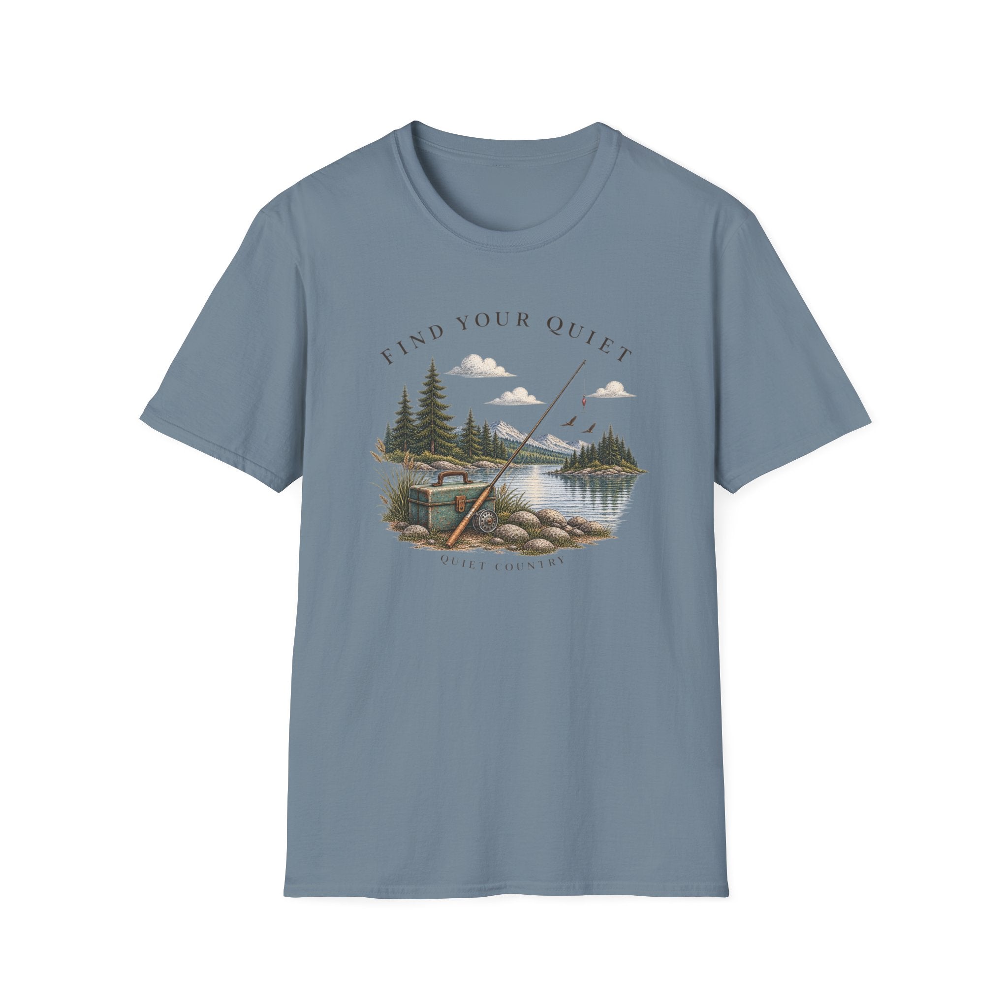 Find Your Quiet Fishing T-Shirt — Scenic Lake & Pine Fishing Graphic Tee