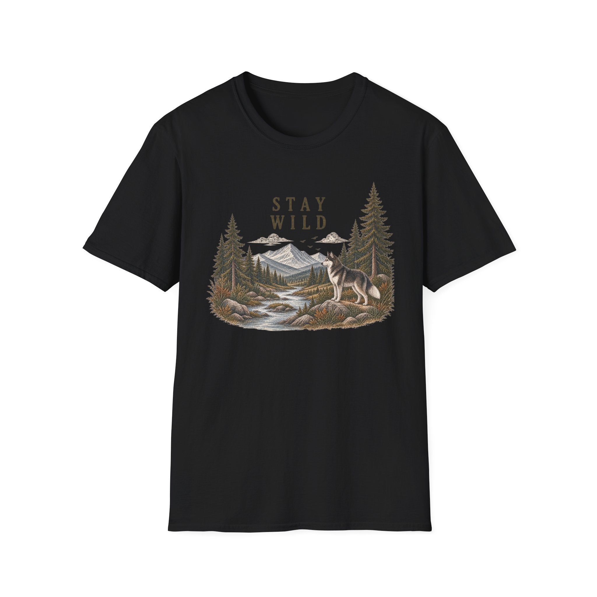 Stay Wild Mountain Wolf T-Shirt — Nature Graphic Tee for Outdoor Lovers