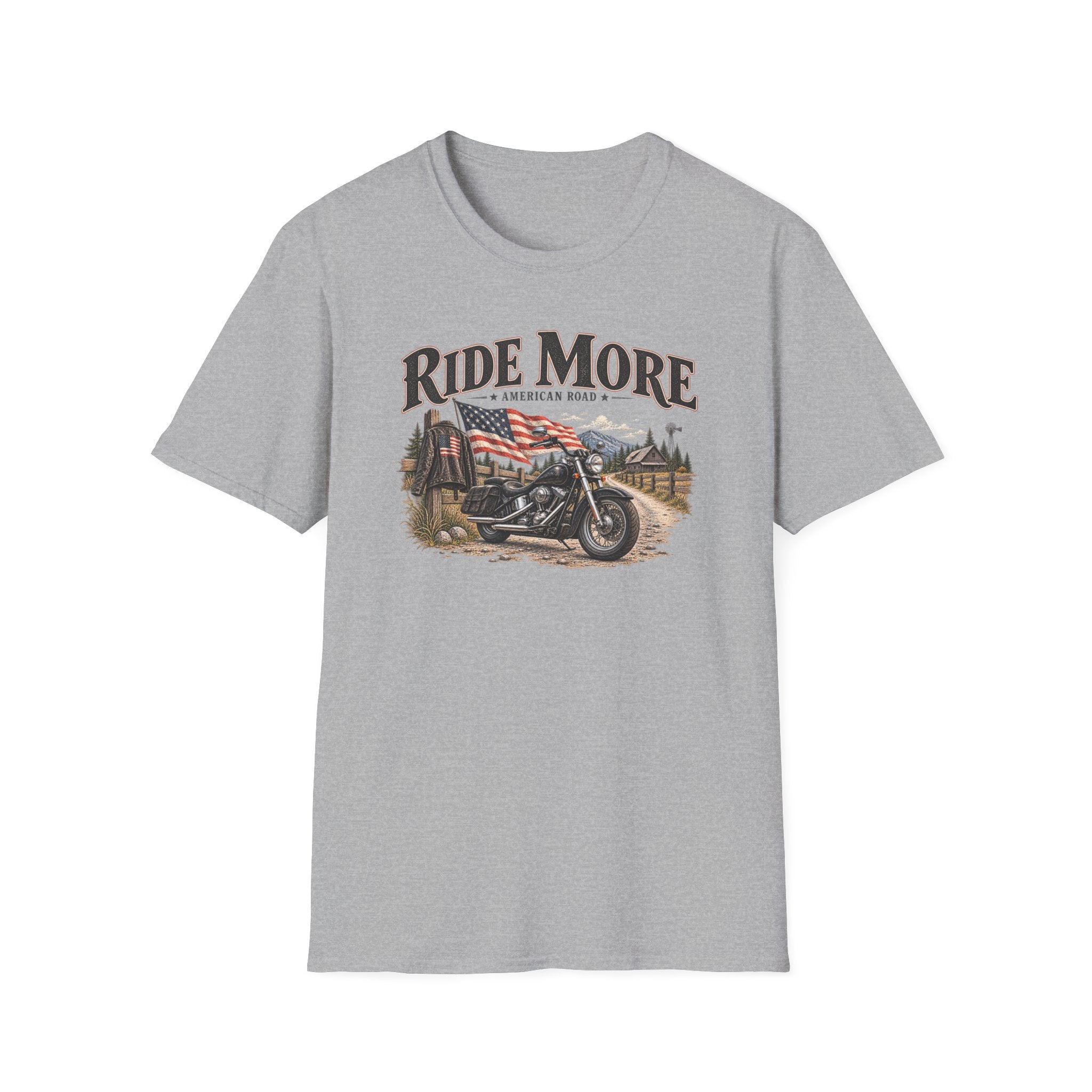 Ride More Motorcycle T-Shirt – American Road Biker Tee with Flag Scenic Design