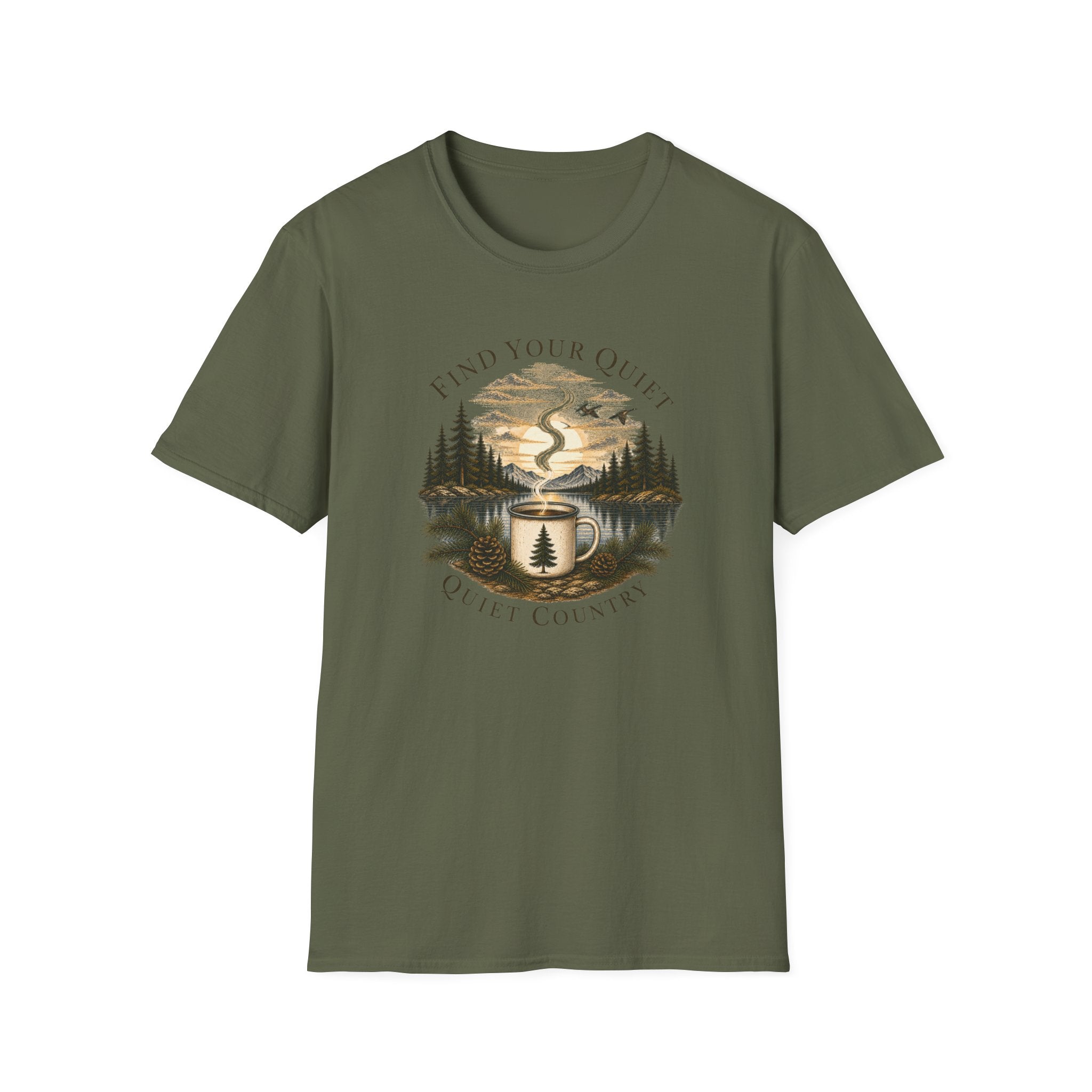 Find Your Quiet Coffee Tee — Mountain Lake Mug Graphic T-Shirt