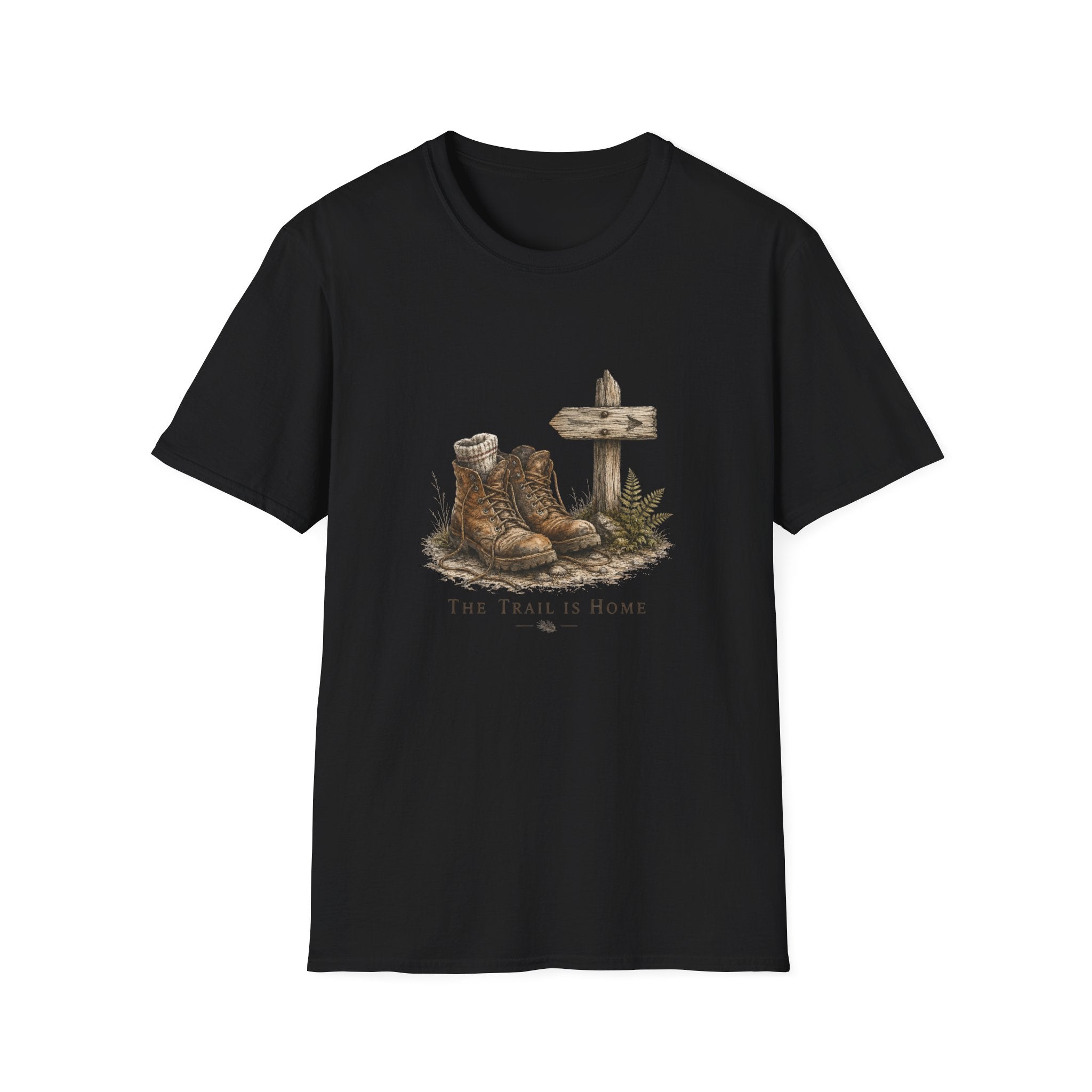 Rustic Hiking Boots T-Shirt — "The Trail Is Home" Back-Print Casual Tee