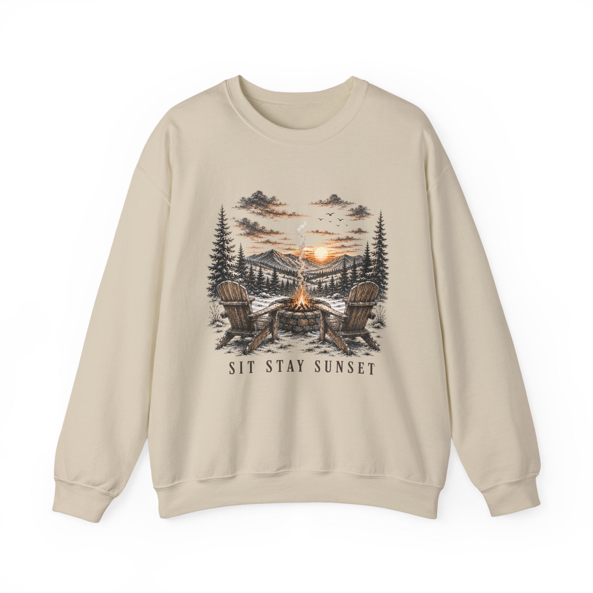 Sunset Campfire Crewneck Sweatshirt — "Sit • Stay • Sunset" Outdoor Graphic