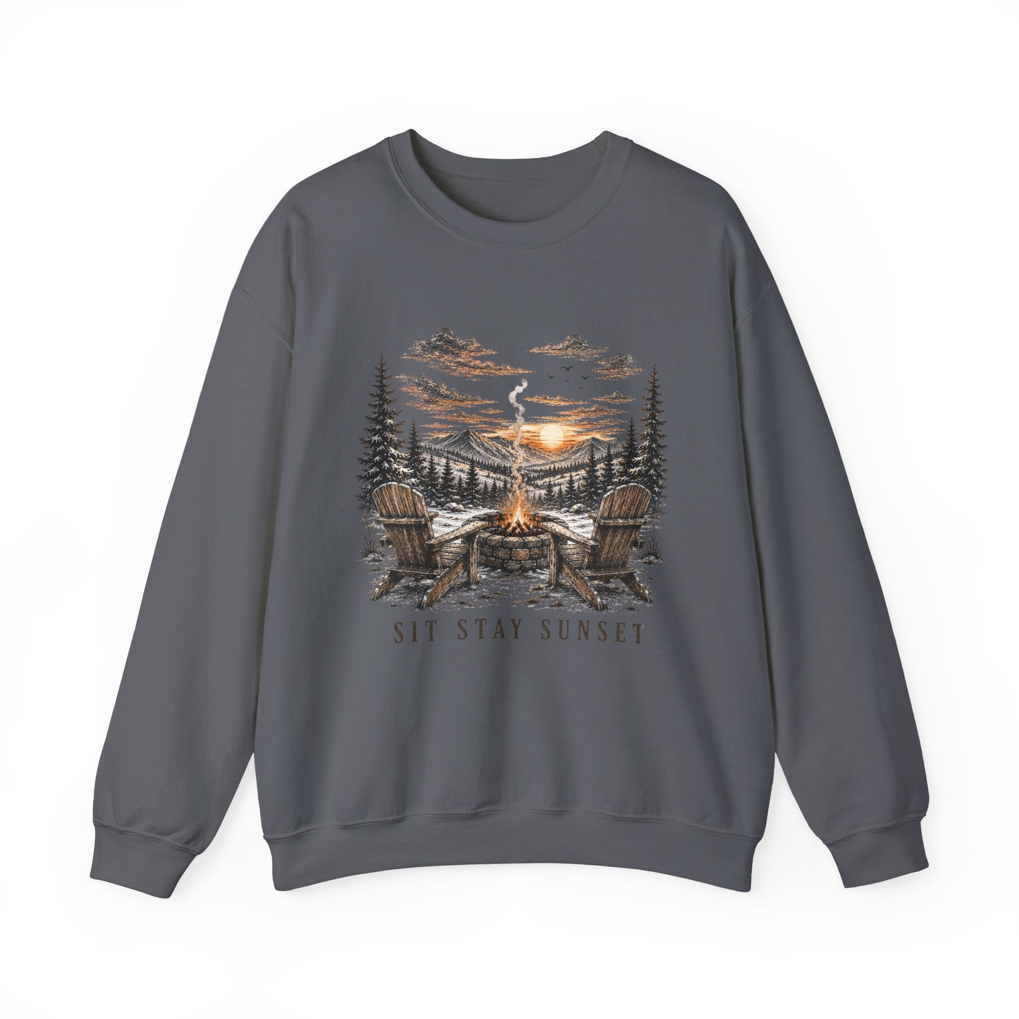 Sunset Campfire Crewneck Sweatshirt — "Sit • Stay • Sunset" Outdoor Graphic