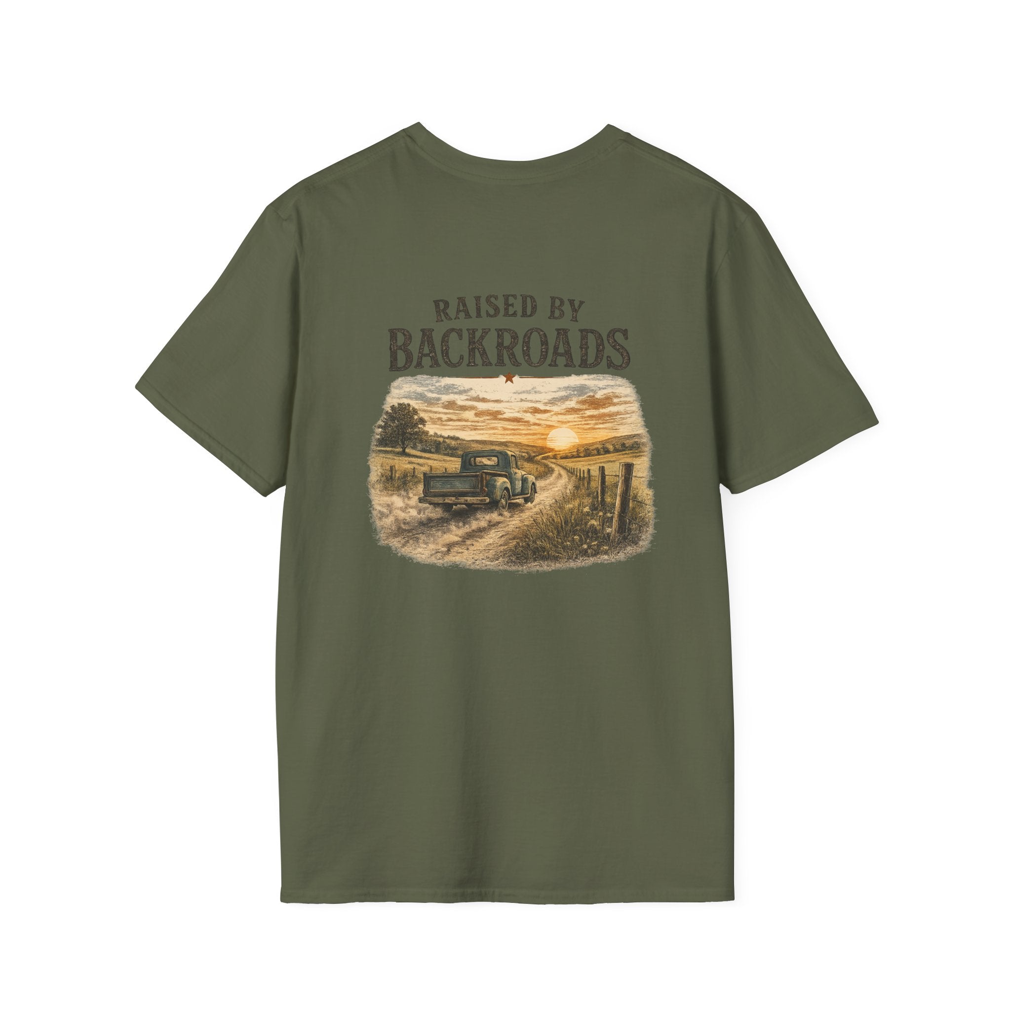 Raised by BackRoads T-Shirt — Design on back