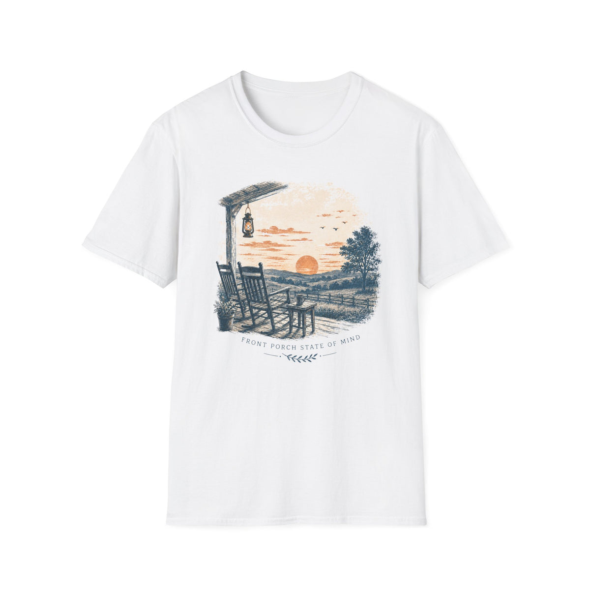Sunset Porch T-Shirt — Relaxing Rocking Chair Lakeside Graphic Tee