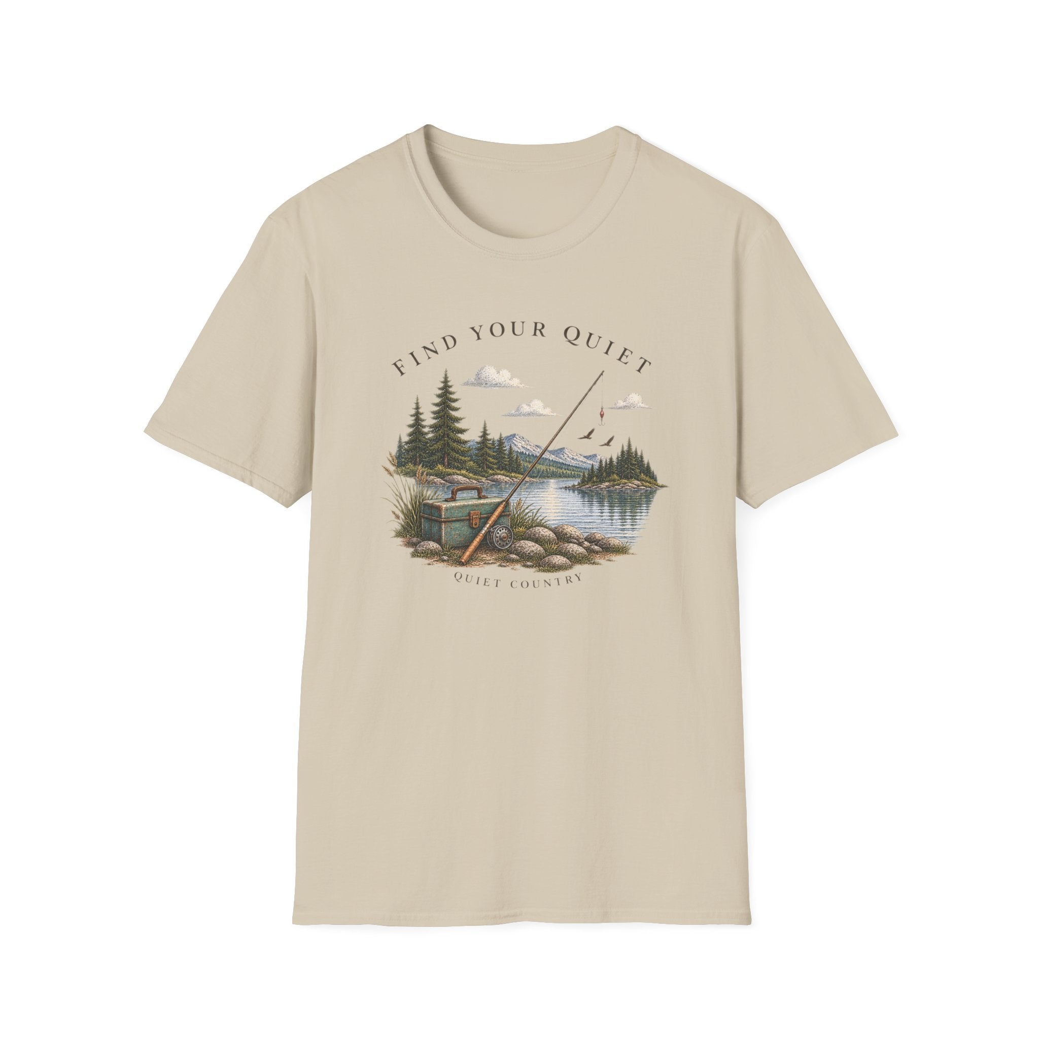 Find Your Quiet Fishing T-Shirt — Scenic Lake & Pine Fishing Graphic Tee