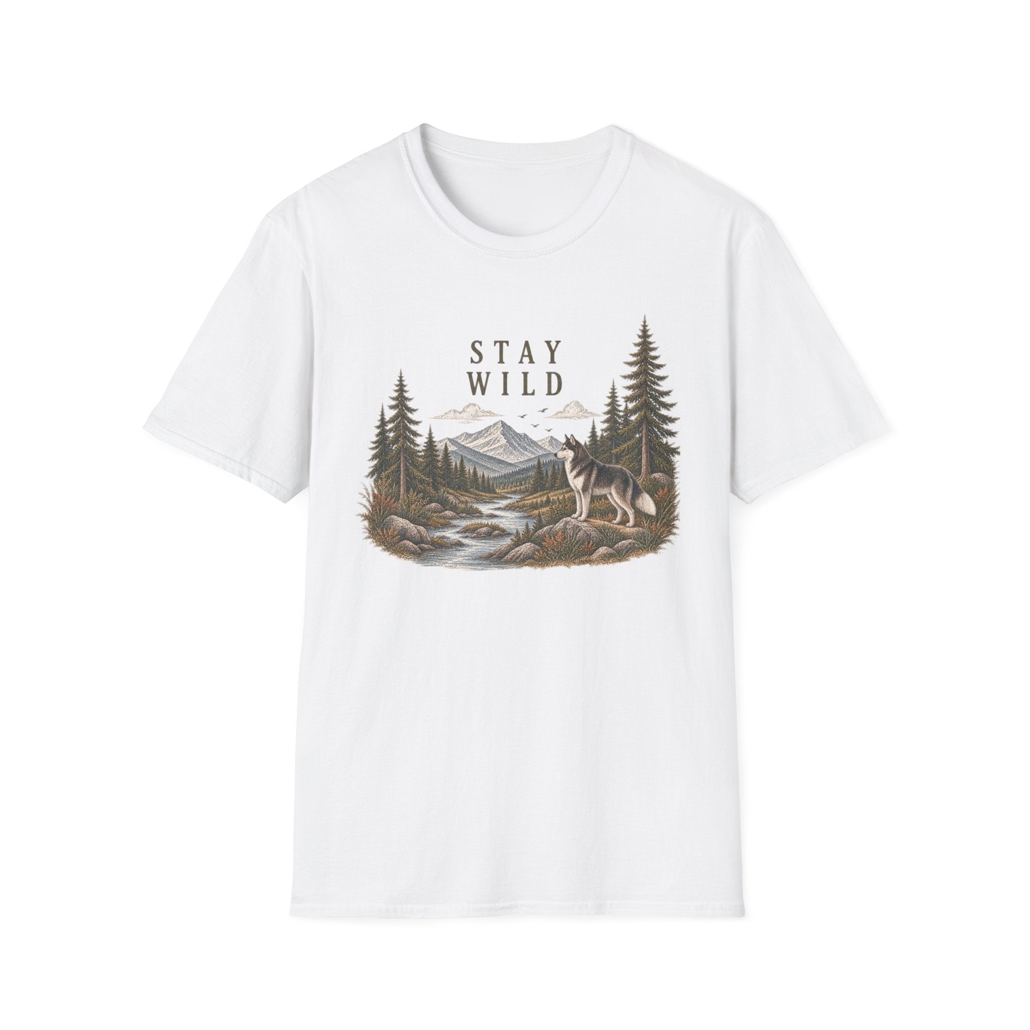 Stay Wild Mountain Wolf T-Shirt — Nature Graphic Tee for Outdoor Lovers