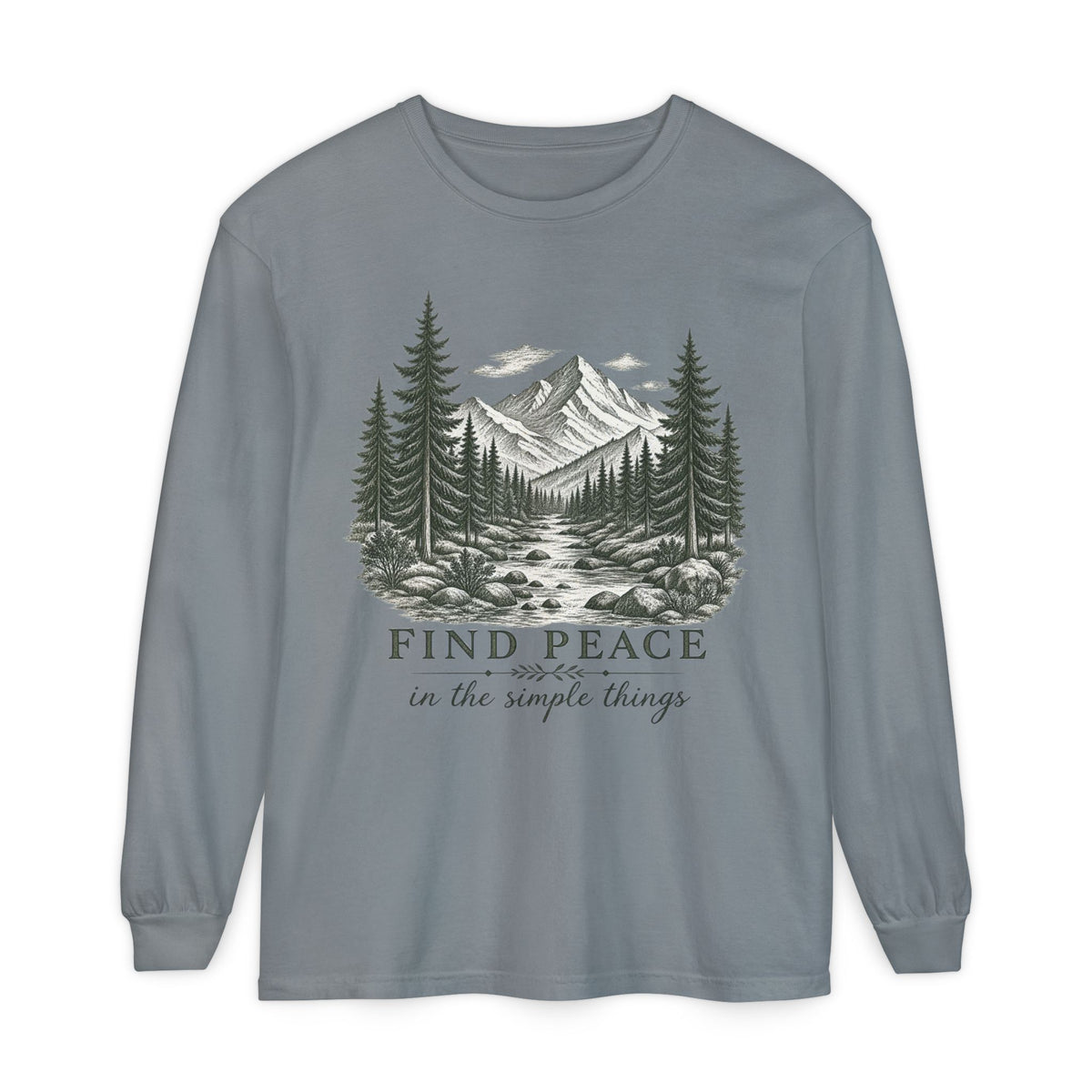 Find Peace Mountain Long Sleeve Tee — "Find Peace in the Simple Things" Nature Shirt